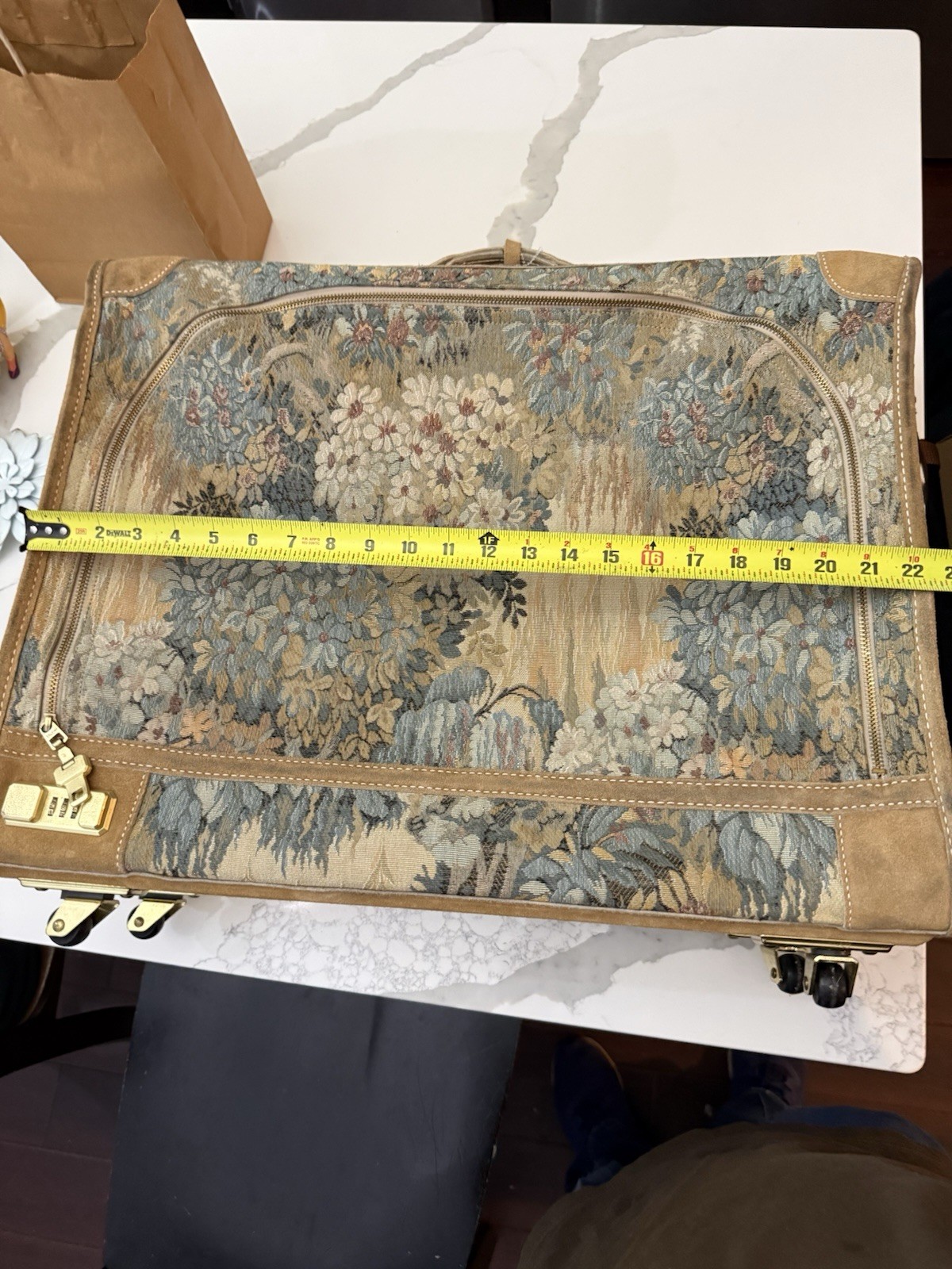 Vintage French Luggage Company Paradise Suede Tapestry suitcase Made in USA