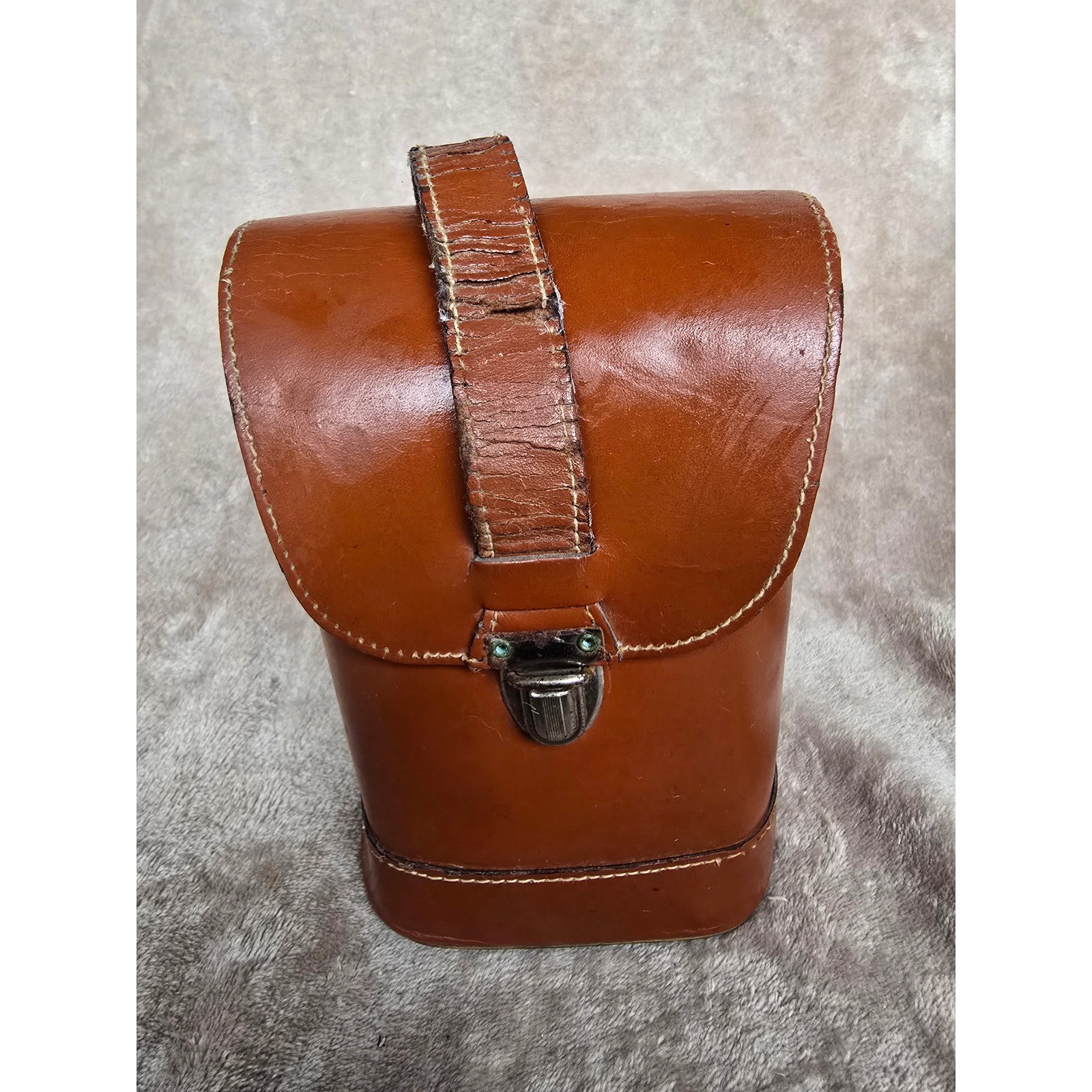 Vintage Leather Travel Flask Set with Case and Cups Cognac Brown Mid Century