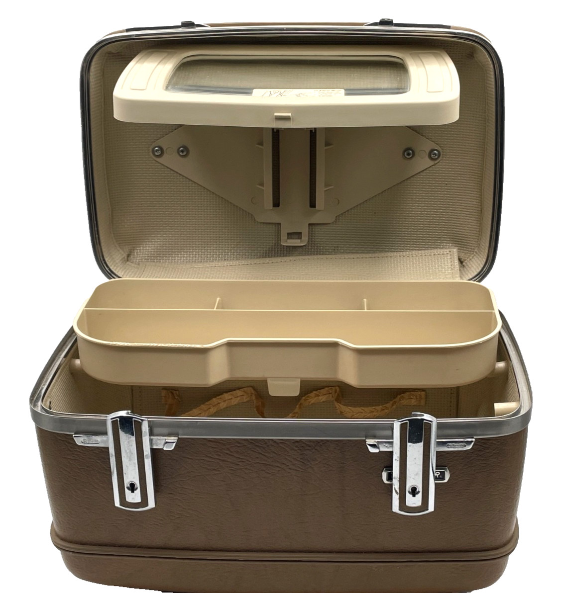 Vintage American Tourister Vanity Travel Train Case 14″ Brown Hard Shell Chrome