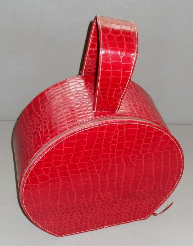 Hat Box Train Case Luggage Red Faux Alligator Crocodile Purple Liner VTG