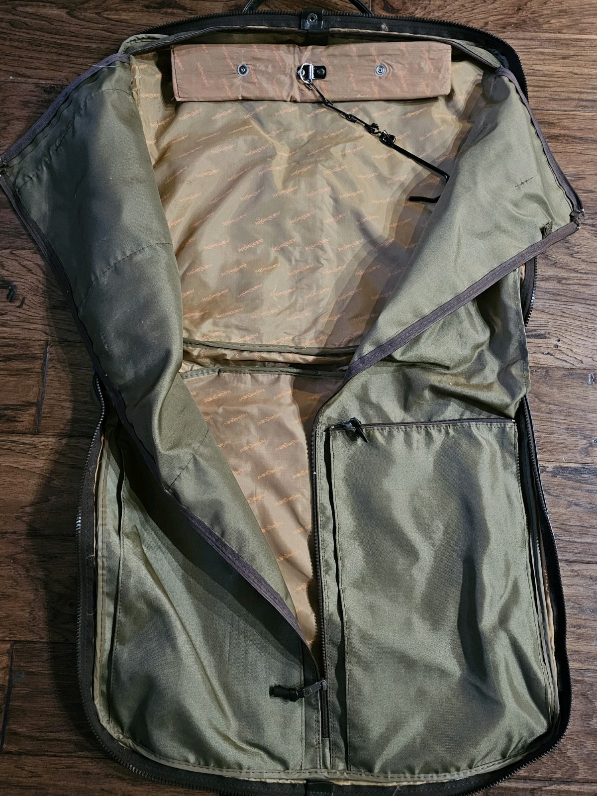2 pc Yves Saint Laurent YSL Leather Trim Olive Weekender Bag and Garment bag vtg