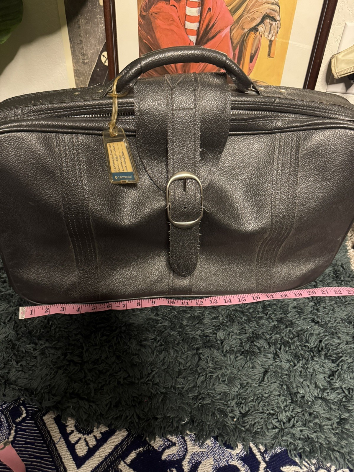Vintage Samsonite Gray Leather buckle Suitcase 1960s/70s 22”x11x7 Talon Zippers