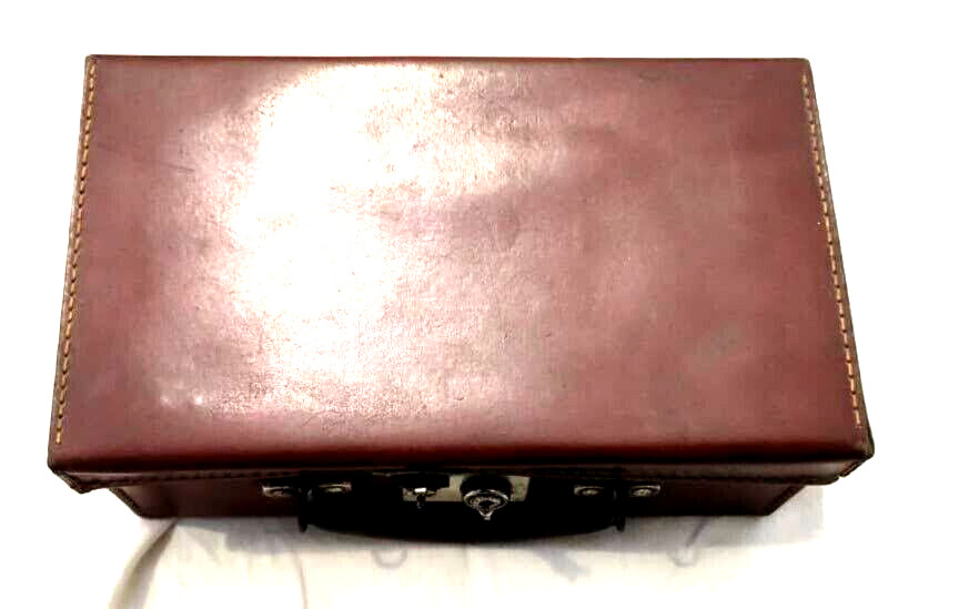 Vintage Hard Leather Case Center Lock With Key, Leather Handle Push locking key