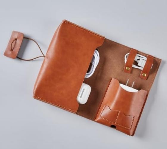 Vintage Leather Electronic Organizer Travel Case, Cord brown with cord clip