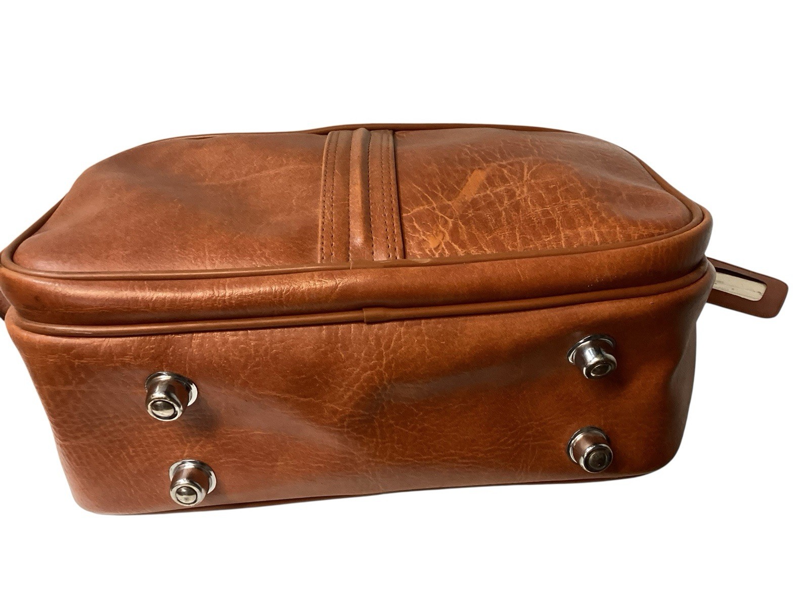 Vintage Faux Leather Vinyl Footed Travel Bag Carry On Luggage Saddle Brown Korea