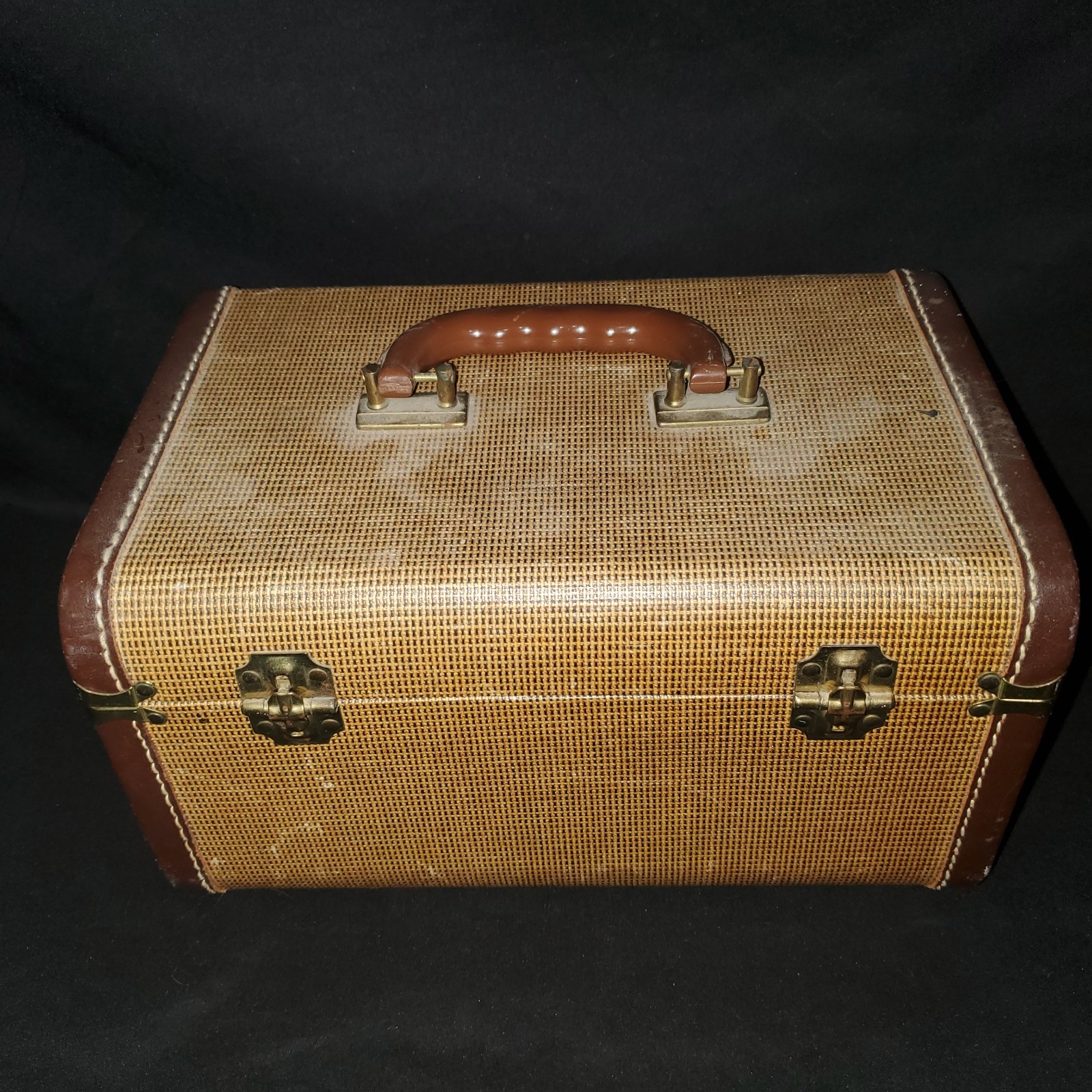 Vintage Tweed Train Case Vanity Makeup Brass Hardware Mirror