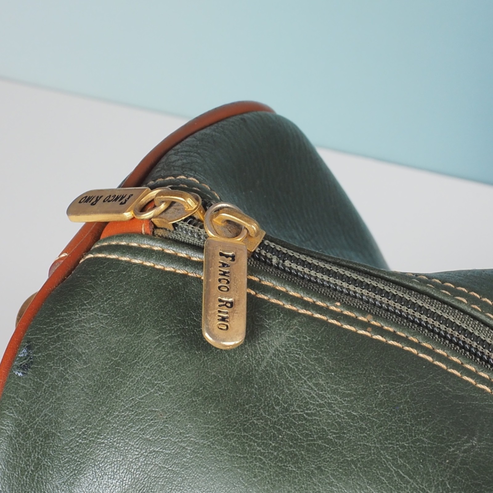 Vintage Franco Rino Green Faux Leather Boston Bag Travel Luggage Retro 80s
