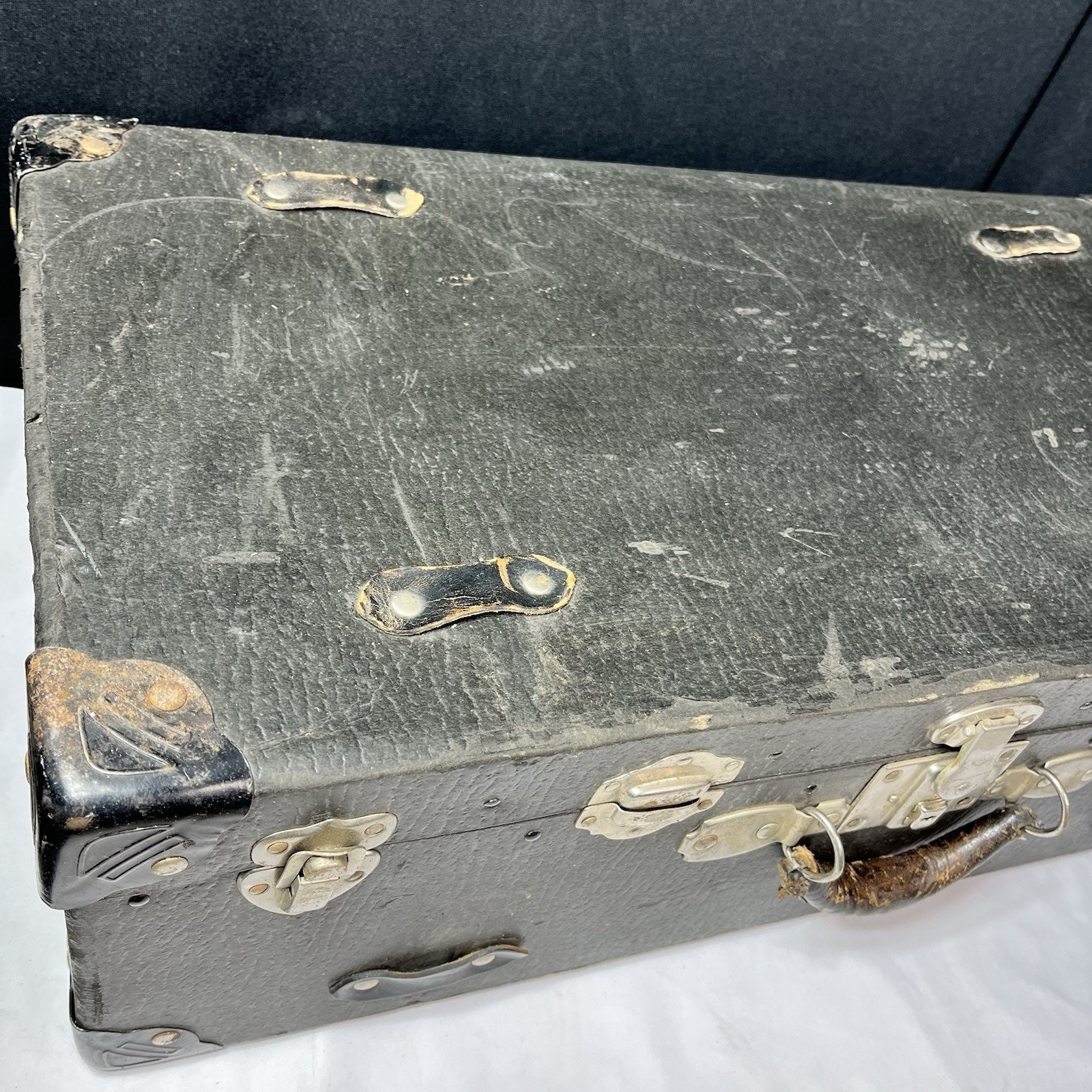 Black Cardboard Travel Suitcase Leather Handle Metal Corners Paper Inside 1930s