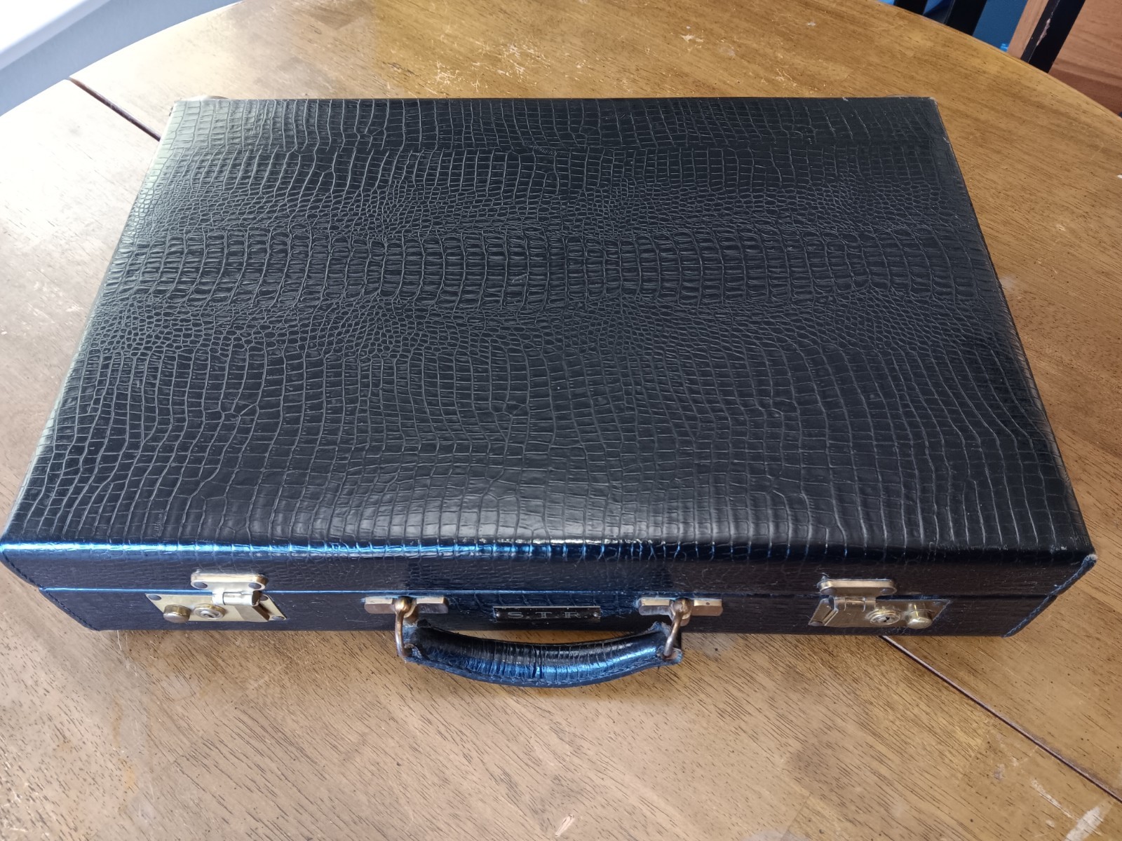 vintage custom black single alligator suitcase with folder and file compartment