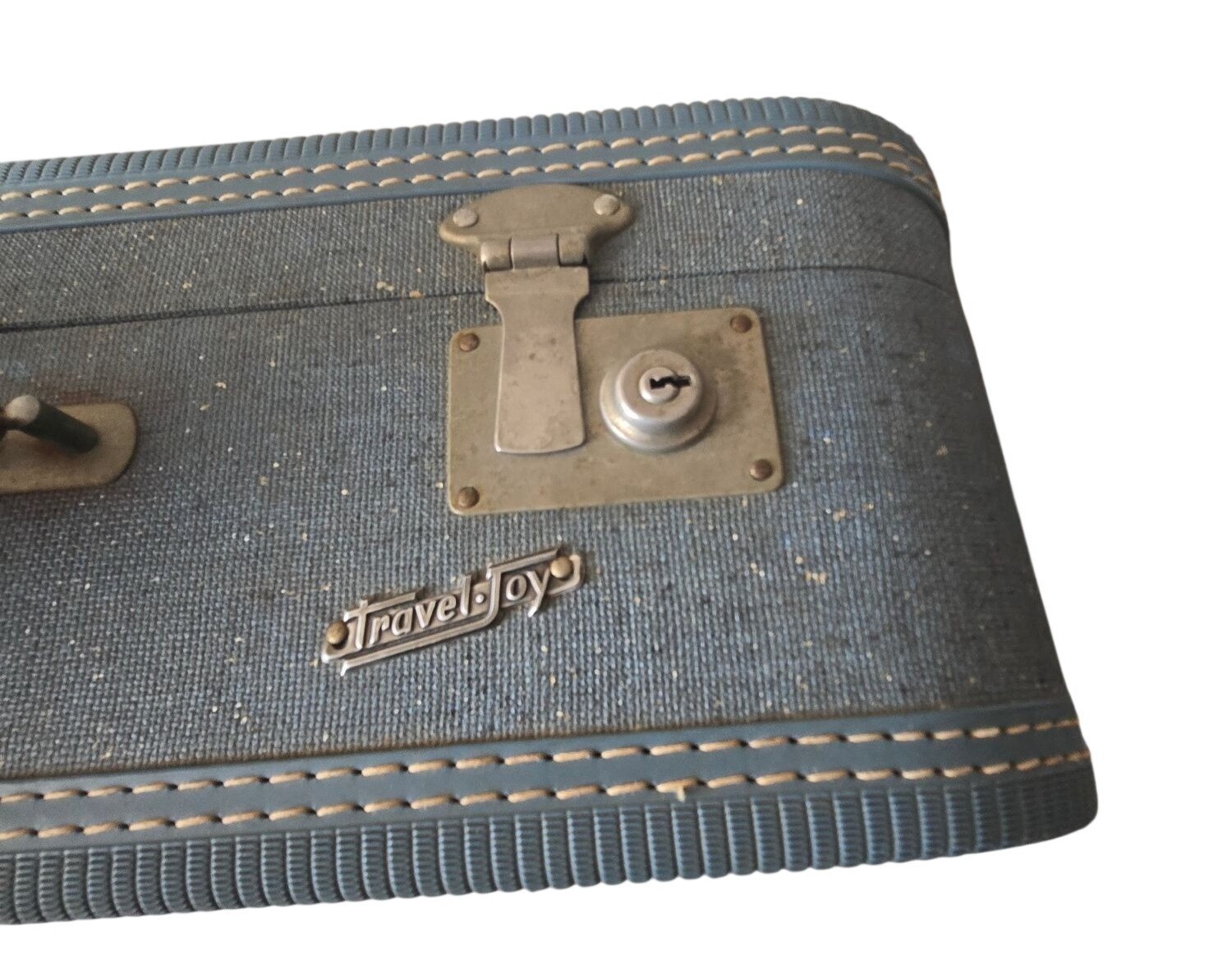 1950s Blue Travel Joy Suitcase with Key Purple Celanese Lining Metal Hardware