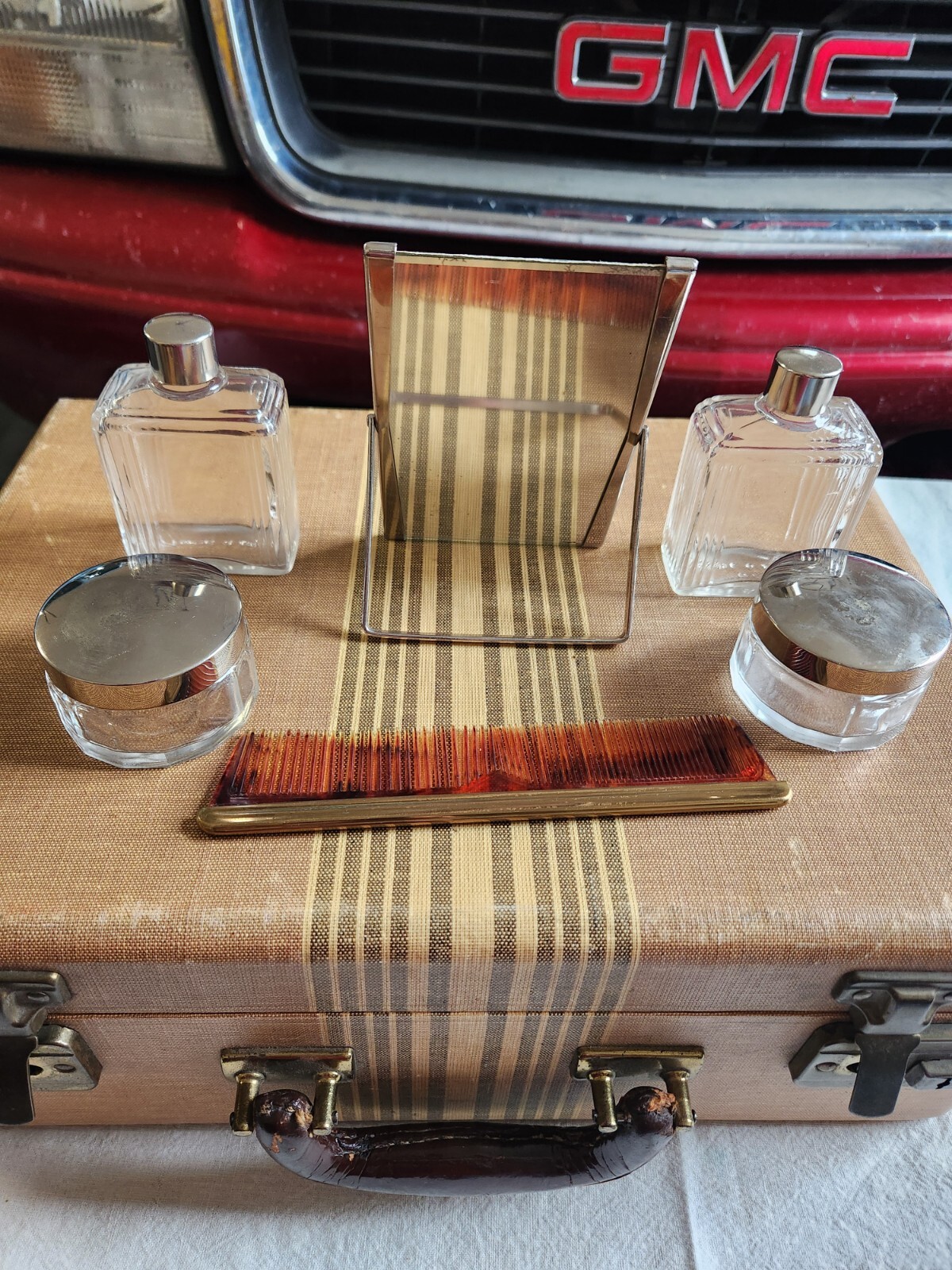 Vintage Stripped Hard Sided Cosmetic Suitcase