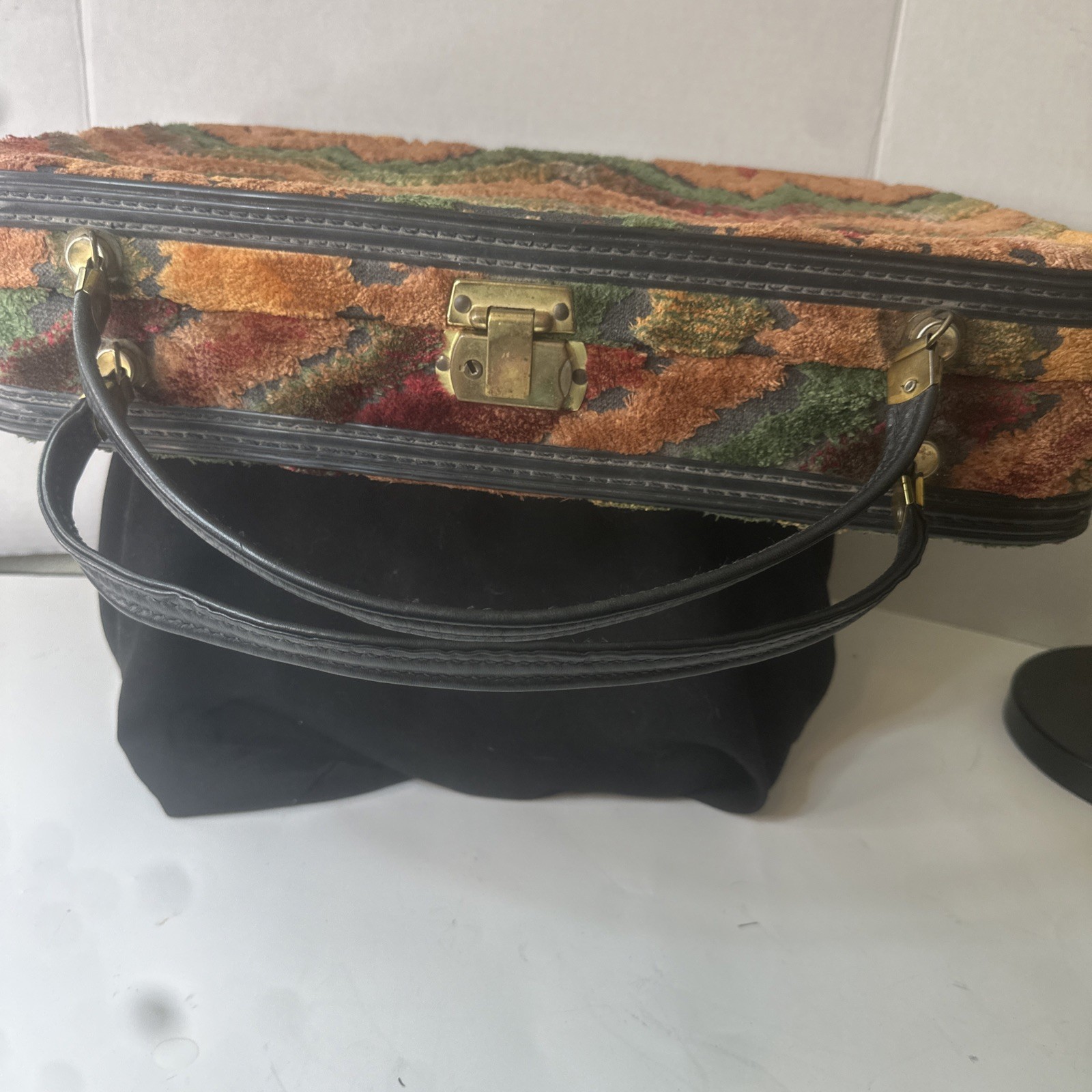 Vintage Sm Suitcases/ Vibrant Velour Tapestry,leather straps, brass feet/latch
