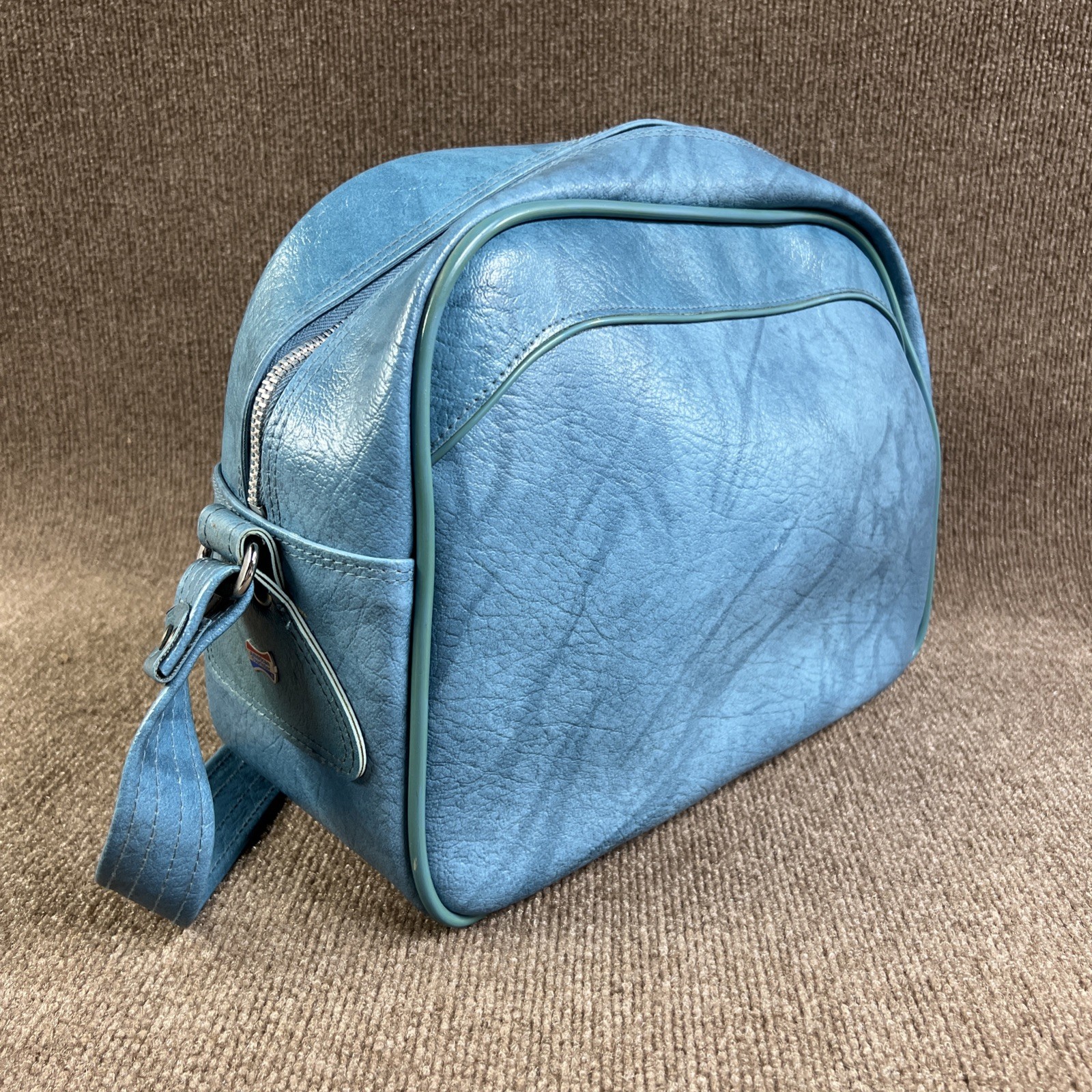 Vintage 70s Blue American Tourister Escort Carry On Crossbody Tote Bag