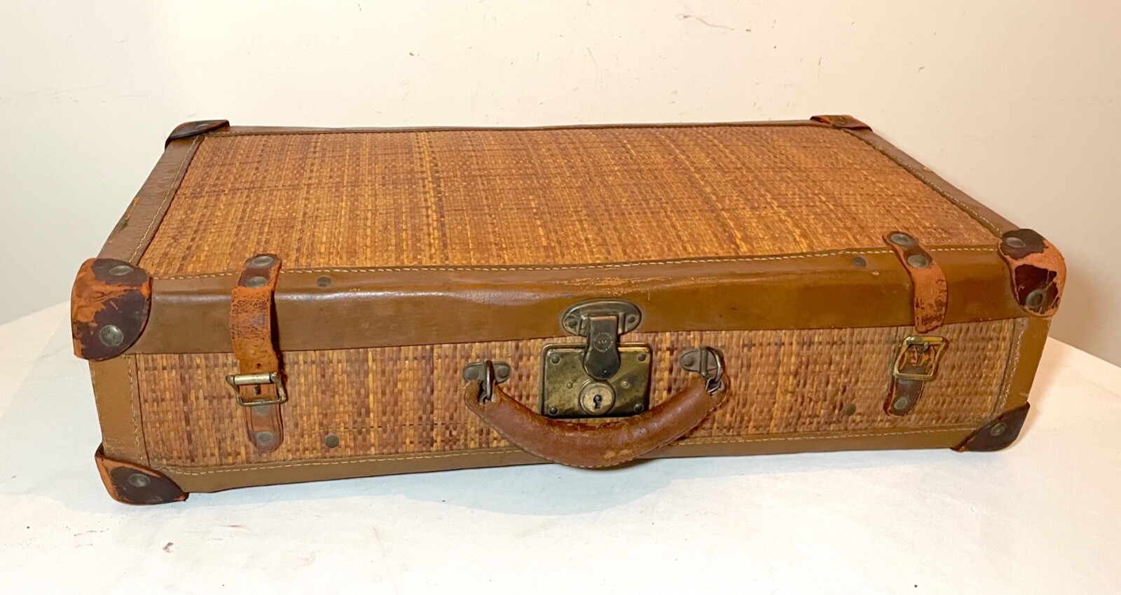 rare antique 19th century handmade woven wicker leather brass travel suitcase