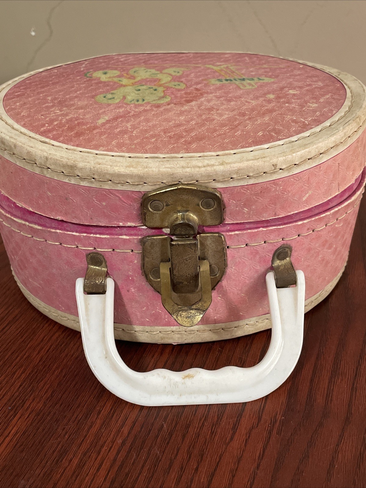 VTG 1950’s Round Pink Child’s Travel Case Bear Going On A Train