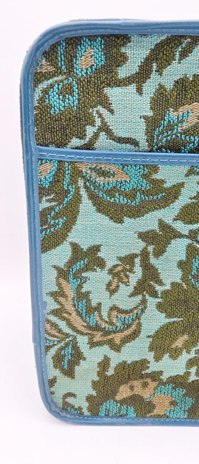 Vtg Suitcase 60’s – 70’s Mod Flower Cloth Blue Green Train Case Luggage 15”