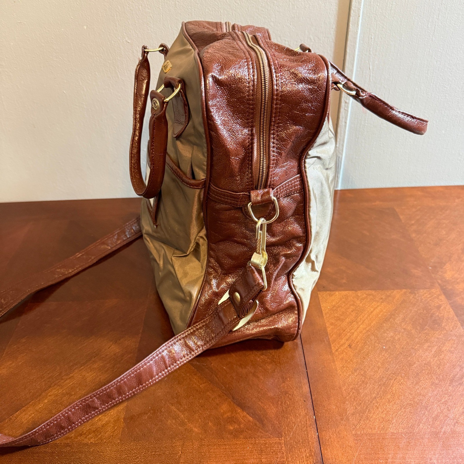 Vintage John Weitz Carry On Luggage Bag Brown Tan Canvas Duffel Shoulder Strap