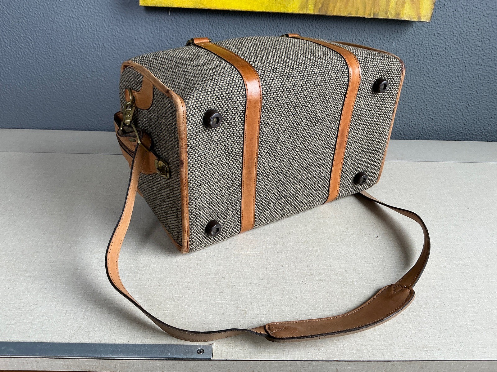 Vintage Hartmann Luggage Tweed & Leather Cosmetic Case Duffle Shoulder Bag