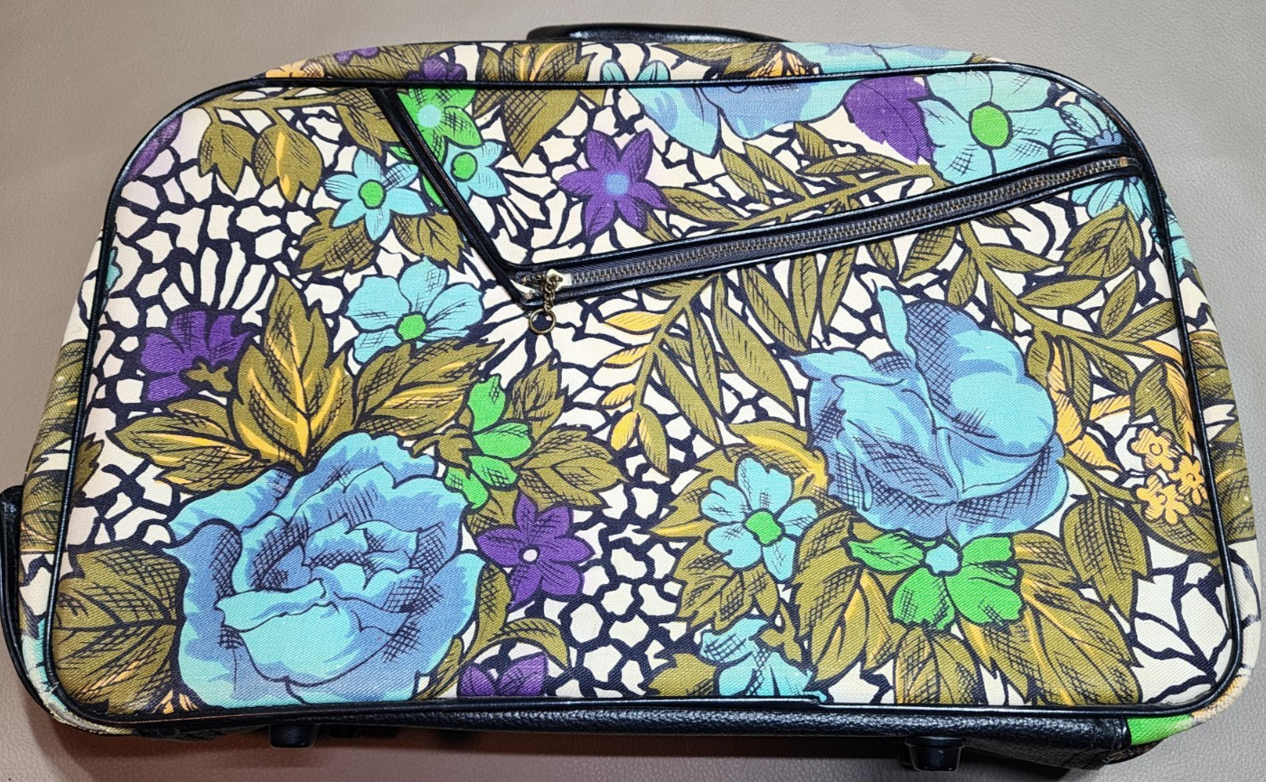 Vintage 70s Retro Floral Suitcase Small Travel Luggage Flower Power Japan No Key