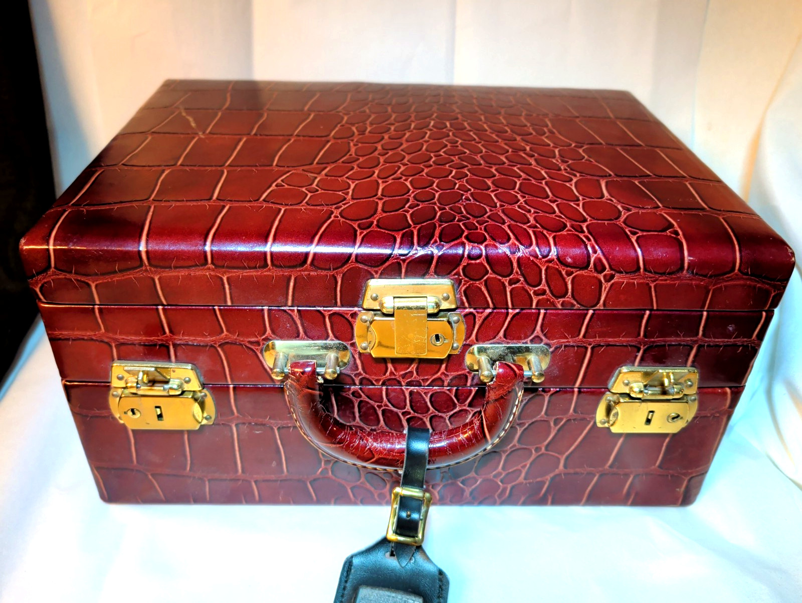 RARE 1920s Faux Alligator Leather 2 Tier Travel Cosmetic Case W/Mirror & Bottles