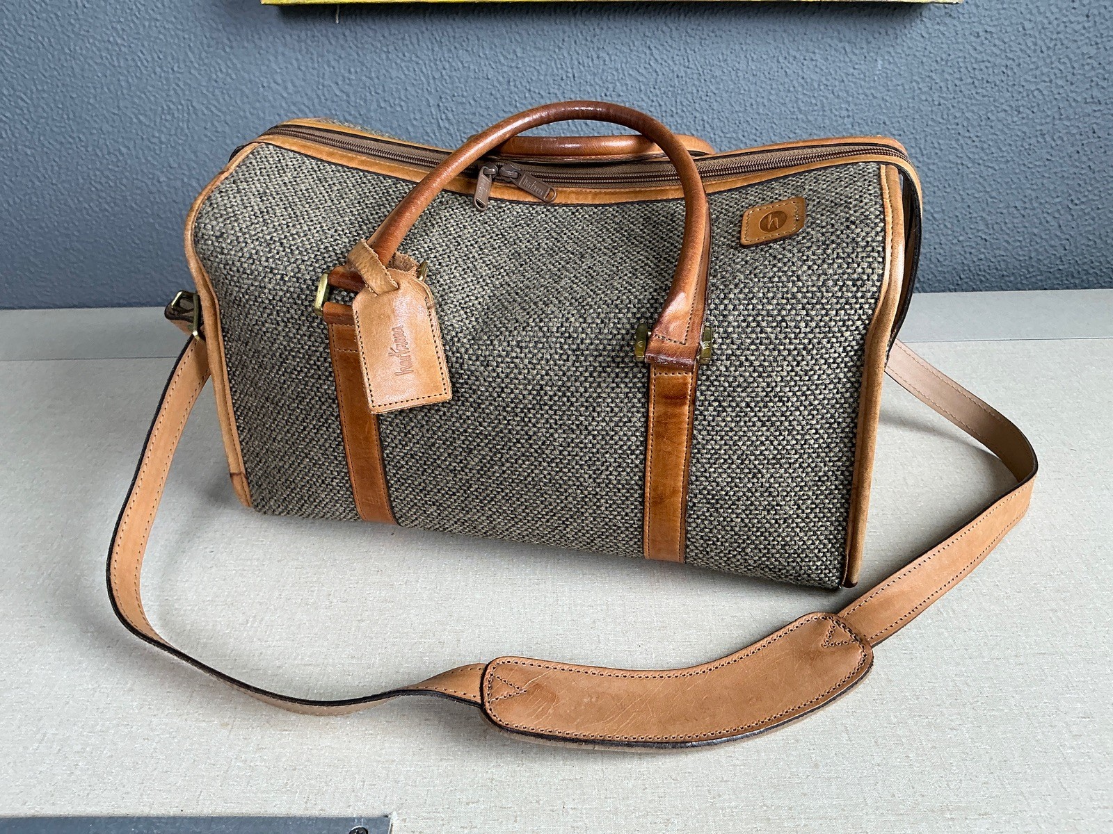 Vintage Hartmann Luggage Tweed & Leather Cosmetic Case Duffle Shoulder Bag