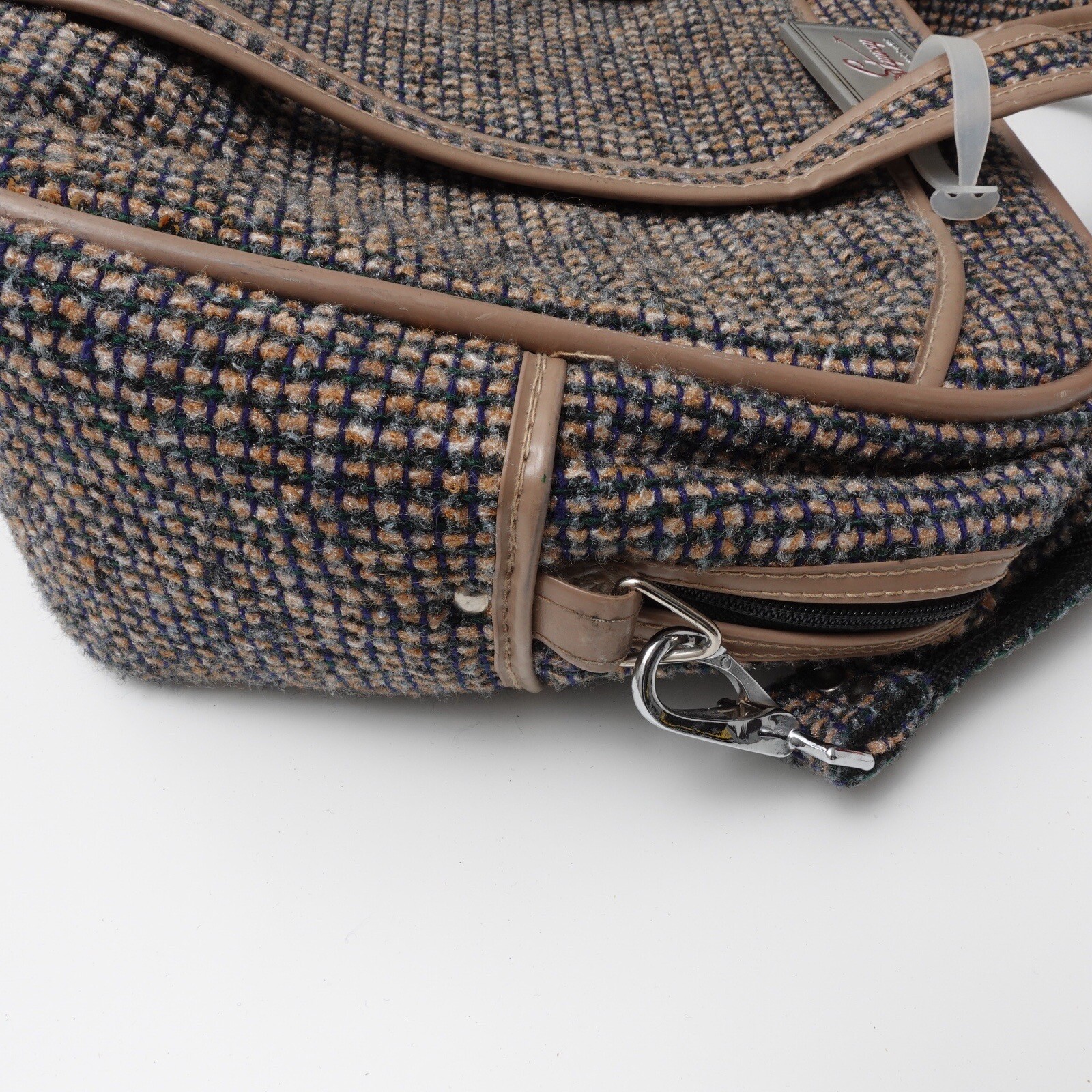 Vintage 60s Skyway Plaid Tweed Cosmetic Retro Carry On Bag Shoulder Strap Tan