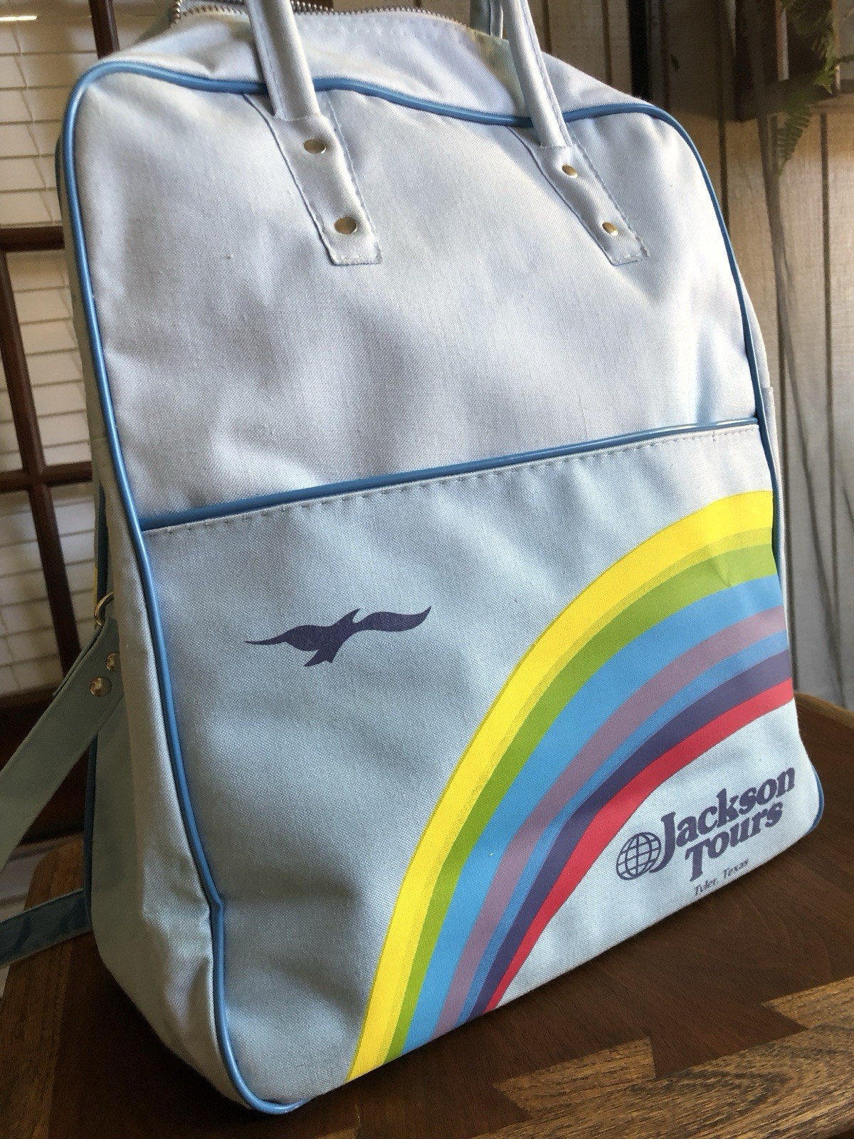 Vtg. 80s Carry On Baby Blue Rainbow Bag
