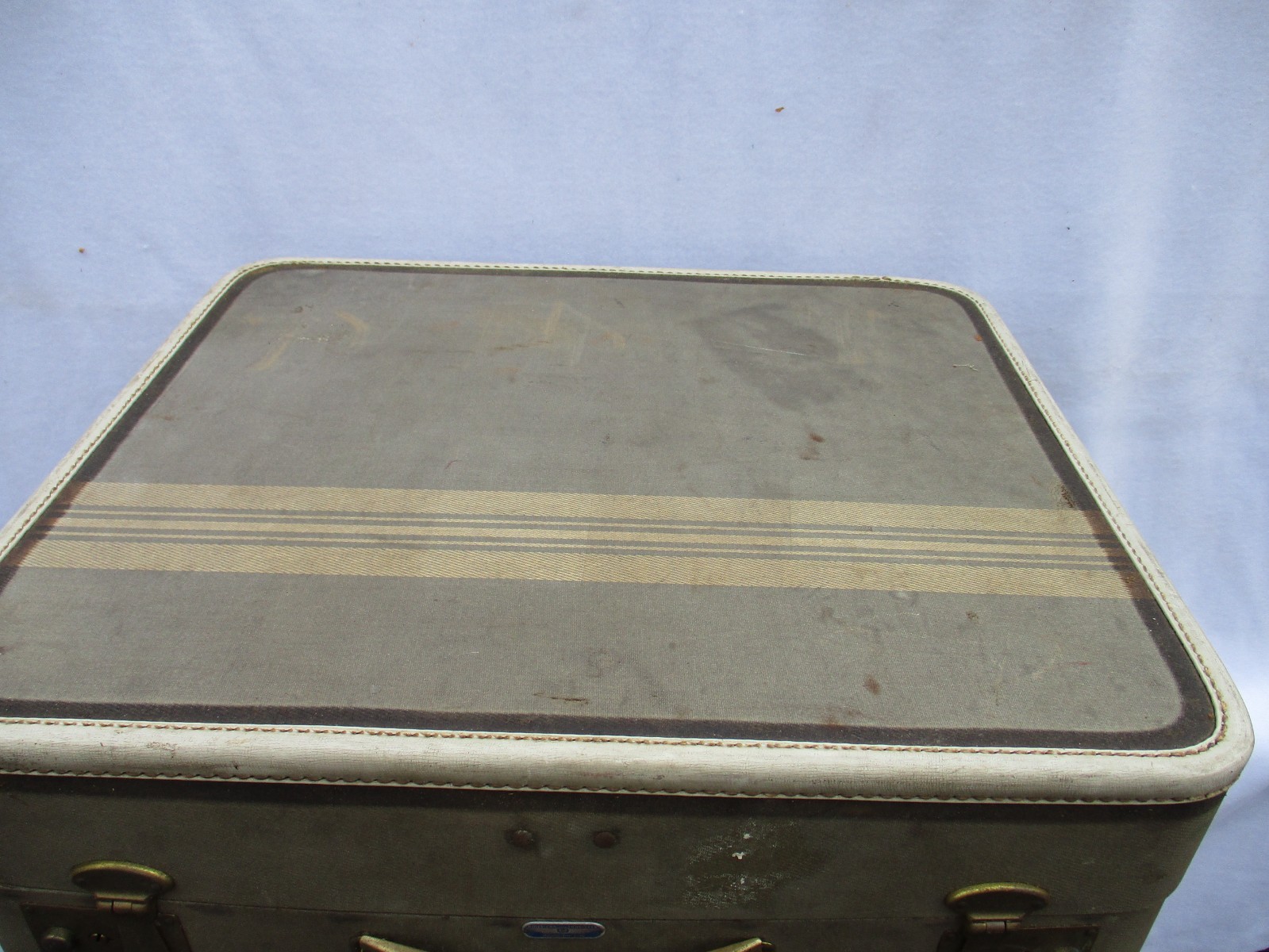 Green/Yellow Tweed Stripe Vintage Leather Suitcase Luggage 21x18x8