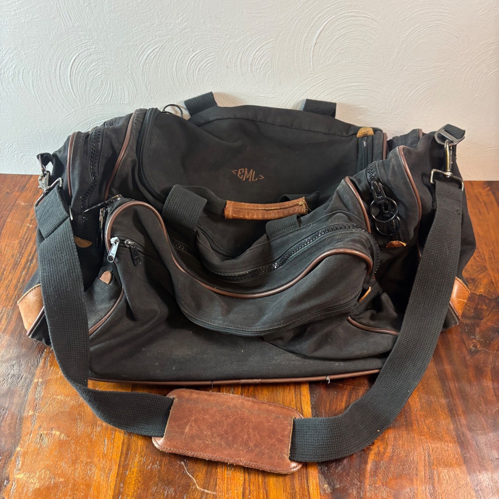 Vintage Lands End Black Canvas Leather Trim Duffle Bag Made in USA Monogram EML