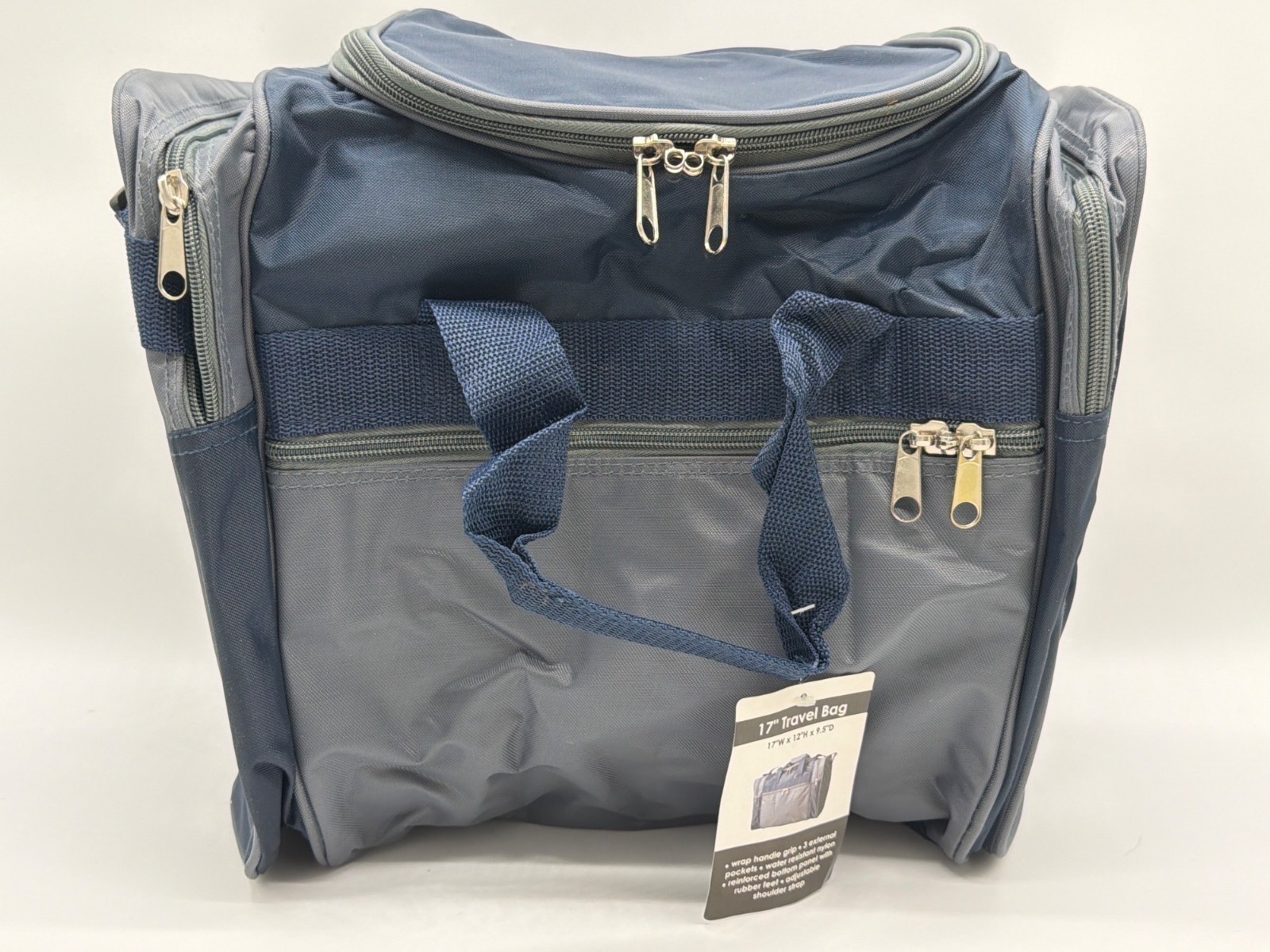 17″ Blue Travel Bag With External Pockets Adjustable Strap & Reinforced Bottom