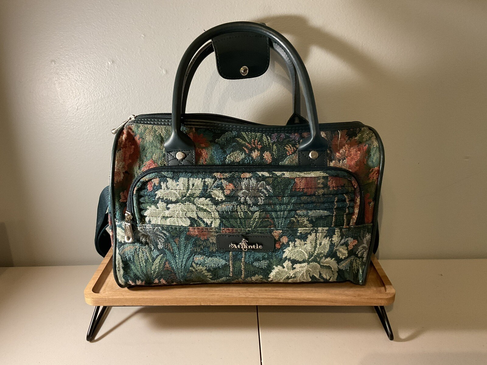 Vintage 1980’s Atlantic Luggage Bag Floral Green Tapestry Carry-On