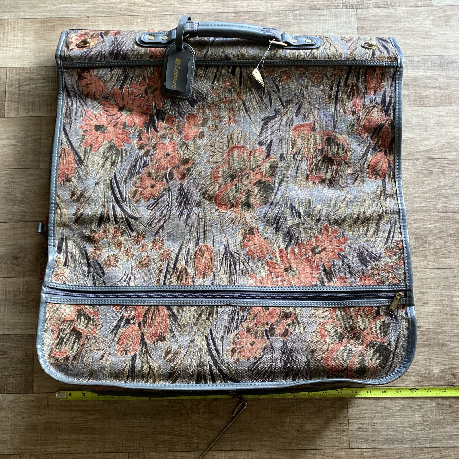 Vintage 80s Leisure Luggage Tapestry Floral & Gray Leather Trim Garment Bag