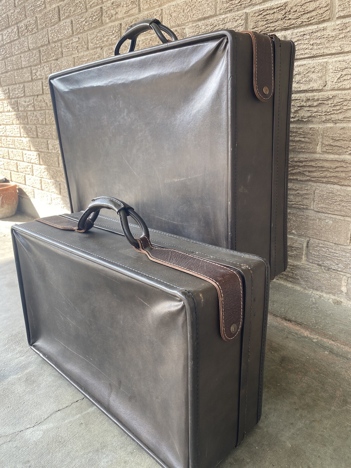 Vtg MCM 1950s Hartmann Leather Luggage Wardrobe Suitcase Matching 2 Piece 1 Key