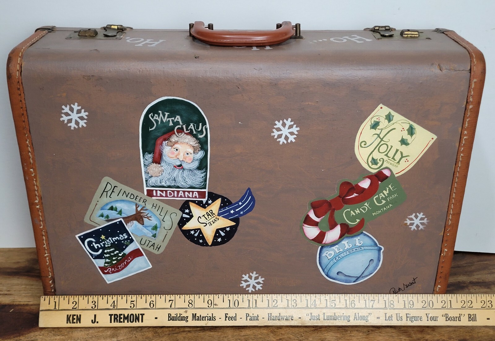 vtg HANDPAINTED LEATHER CHRISTMAS SUITCASE MCM RETRO ARTISAN LUGGAGE CASE SIGNED