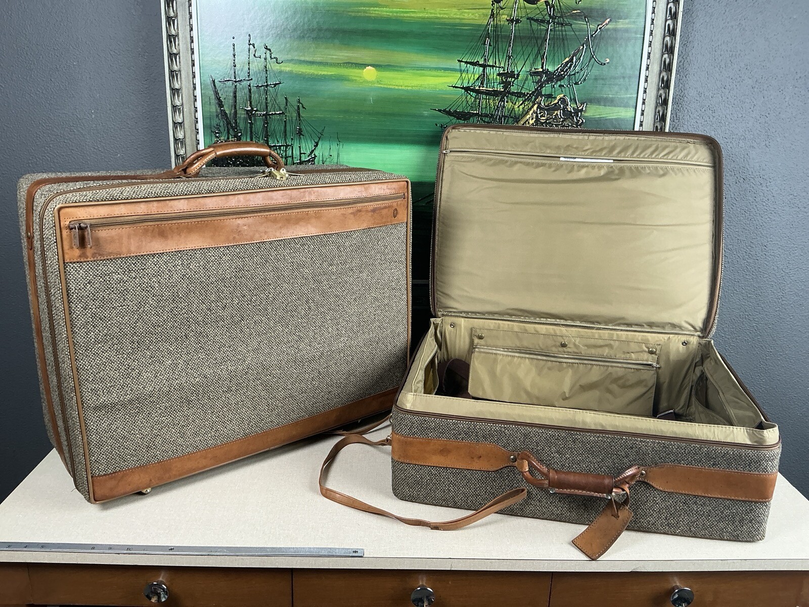 Vintage Hartman His Hers Tweed & Leather Belted Wheeled/Rolling Luggage Suitcase