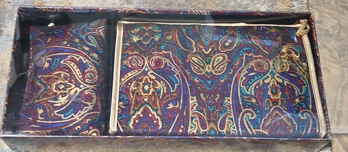 Vtg 60s 2 Pc Toilertry Cosmetic Bags Travel Case Cloth Purple & Gold Paisley