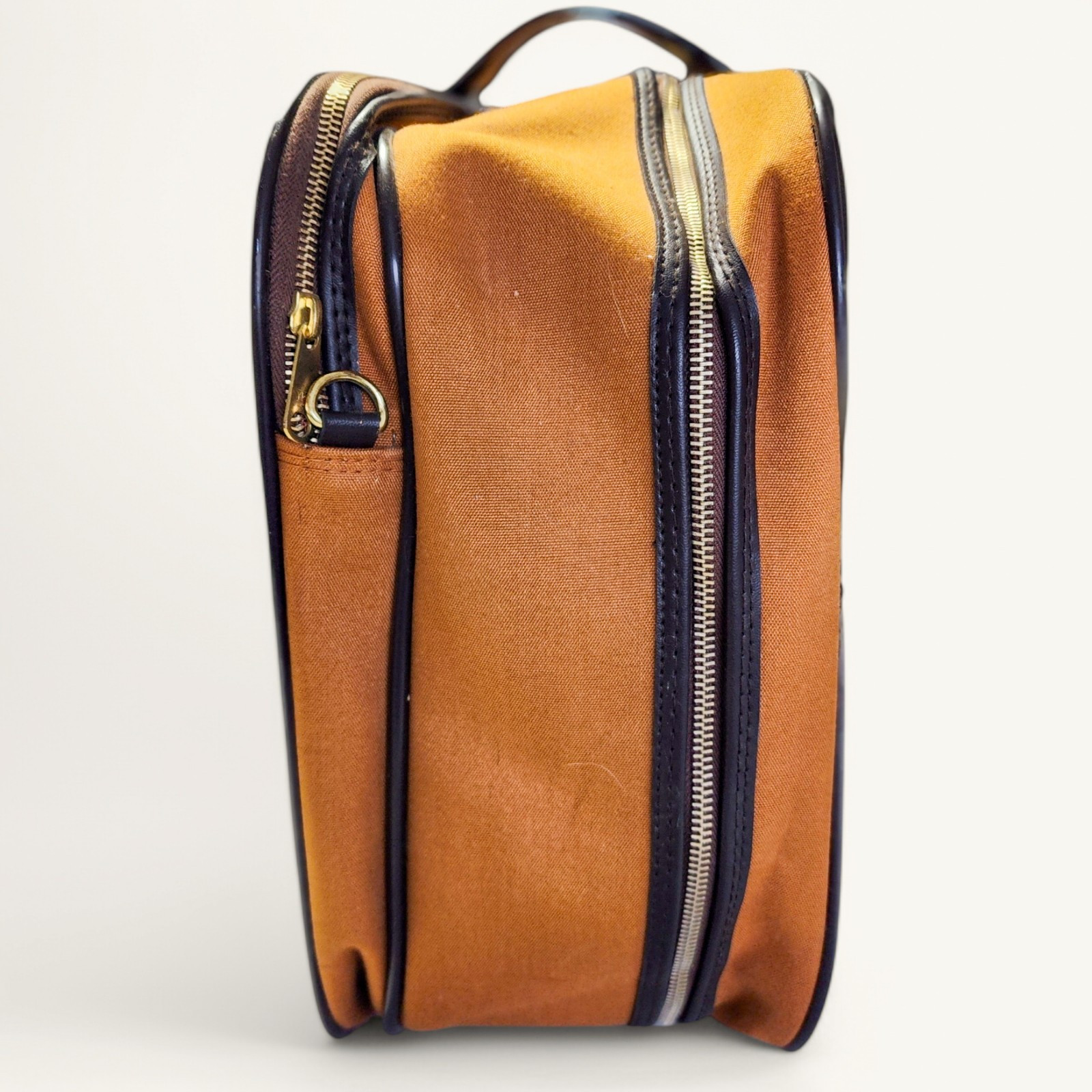 Vintage Carry On Suitcase Tan Brown Canvas Faux Leather 22in Travel 70s 80s
