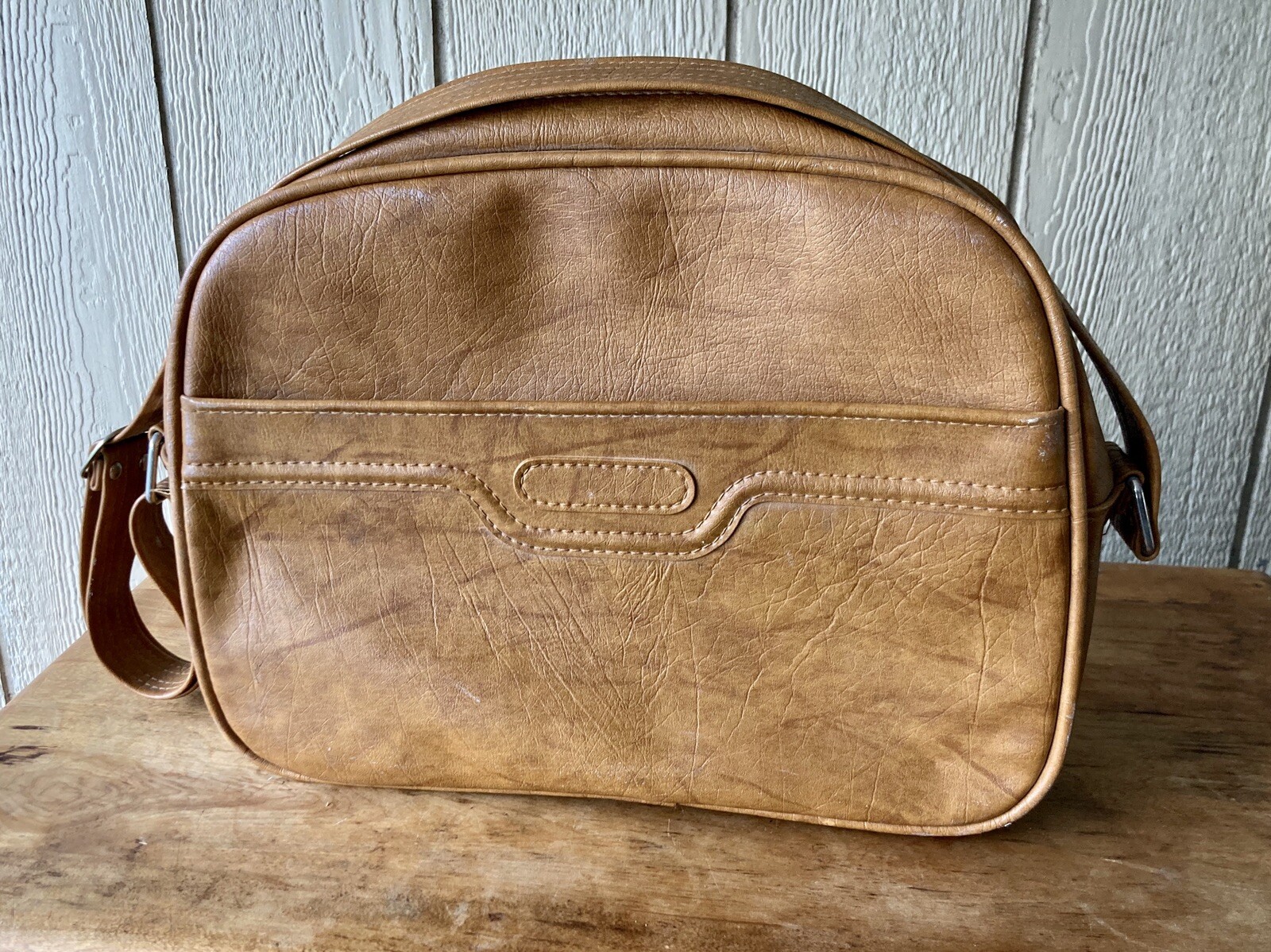 Vintage Samsonite Shoulder Tote Carry On Bag Vinyl Camel Brown Luggage Overnight