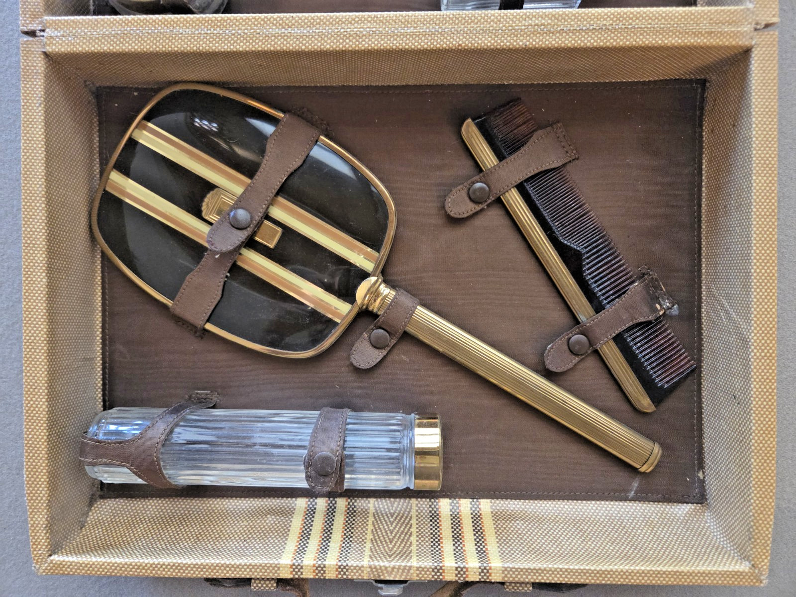 Vintage Mid-Century Travel Vanity Grooming Set | Art Deco Gold Tone | 8-Piece