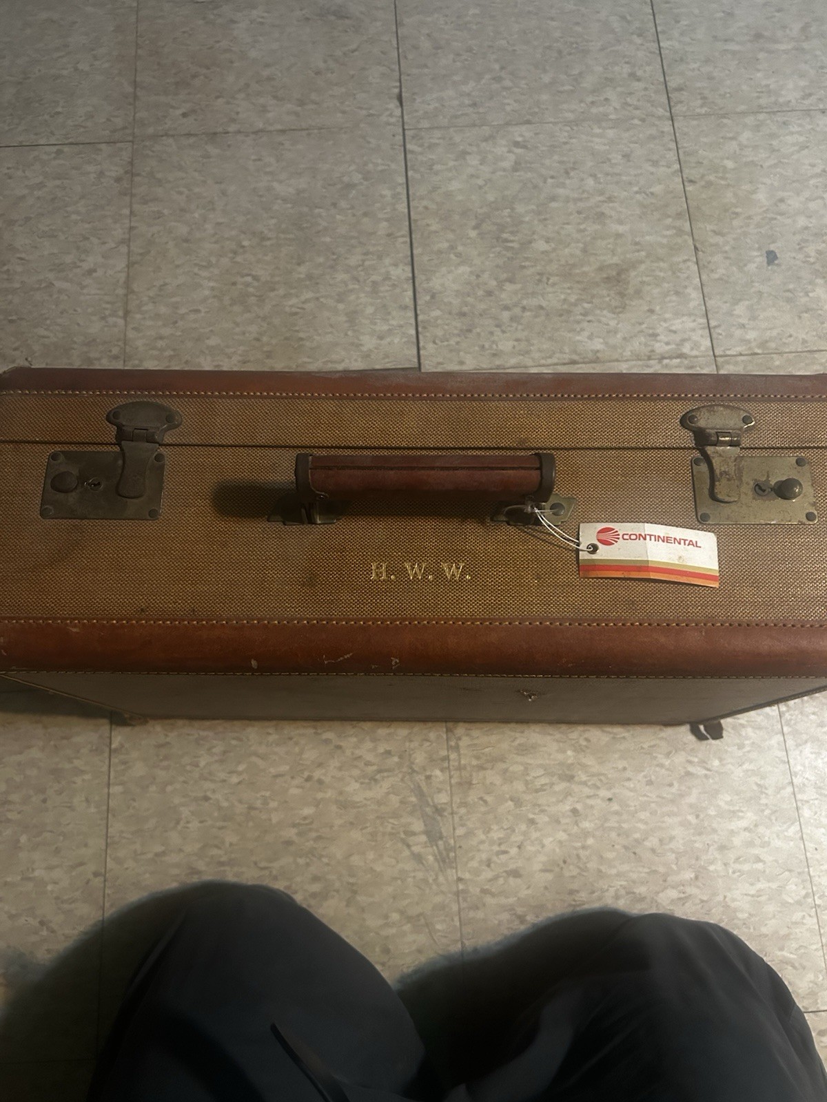 Vintage 1950s Hard Suitcase Brown/Tan Canvas & Leather, Extra Compartments