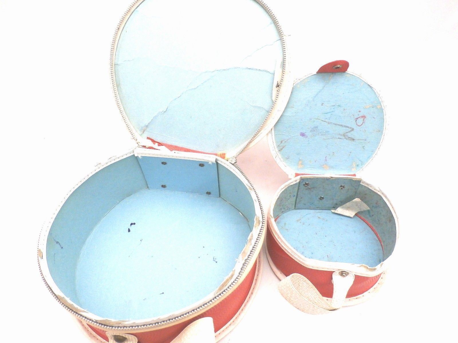 VTG 1960s Red Vinyl “Mommy & Me” Hatbox Cases Doll & Child Set Cute Mod Retro