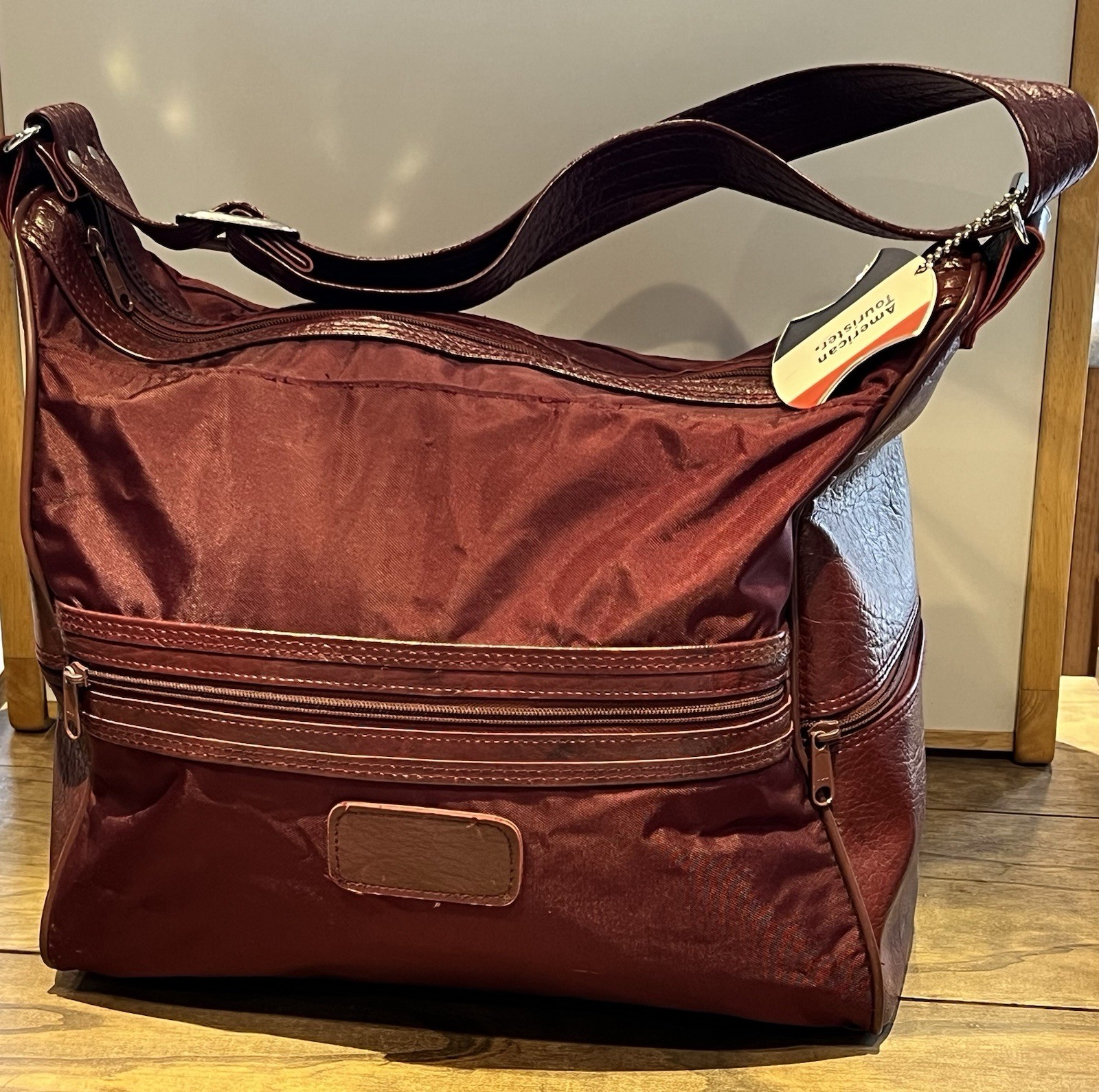 Vintage American Tourister Carry On Tote Duffle Bag Red Faux Leather W Strap VTG