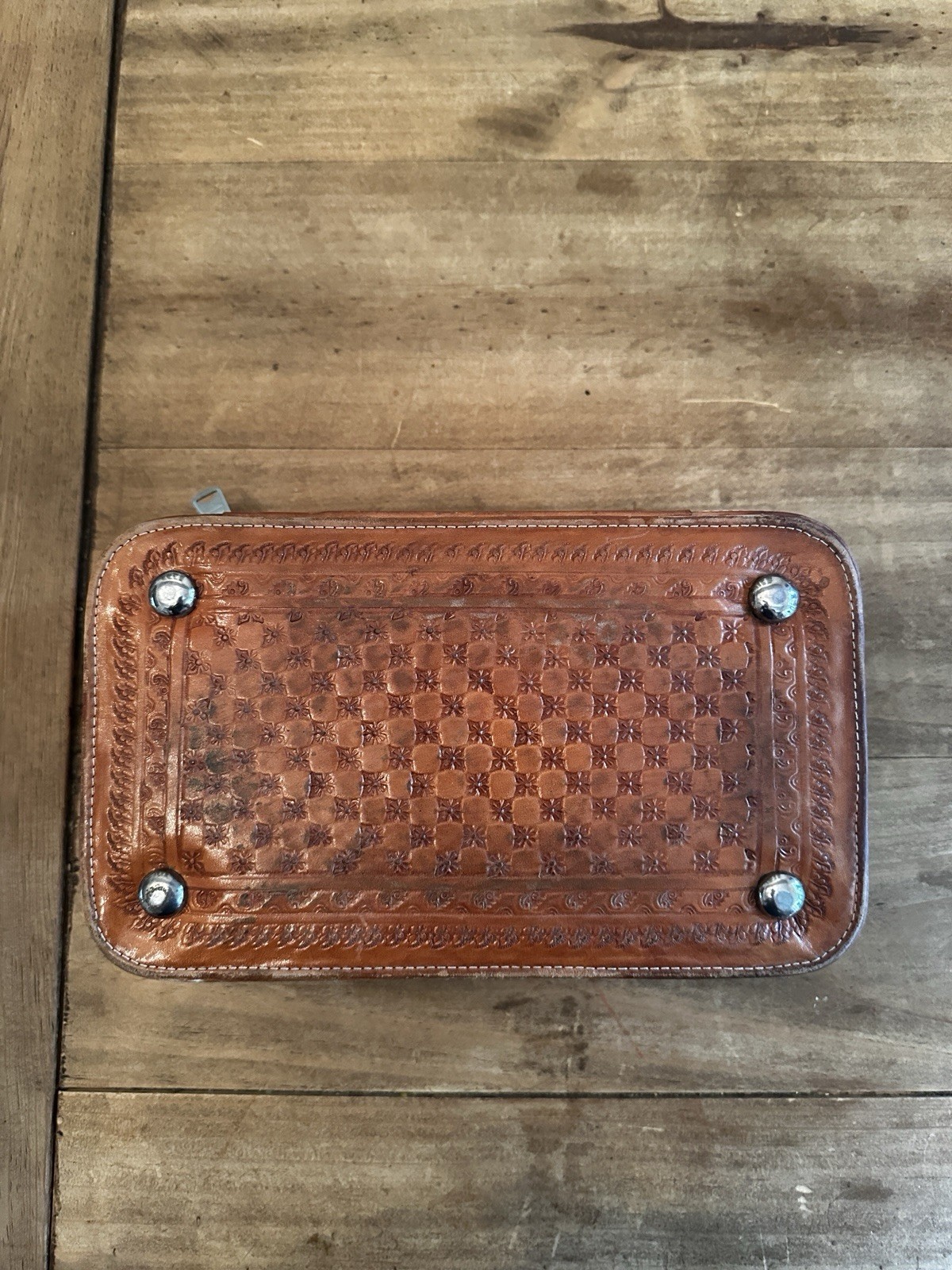 True Vintage Hand Tooled Zipper Leather Train Case Cosmetic Bag