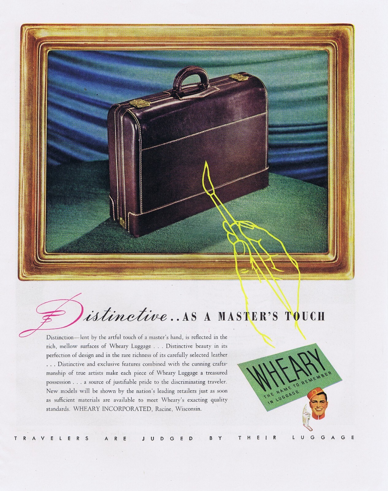 1945 WHEARY TRAVEL LUGGAGE AD Racine Wisconsin, Suitcases, Vacations, Trunks