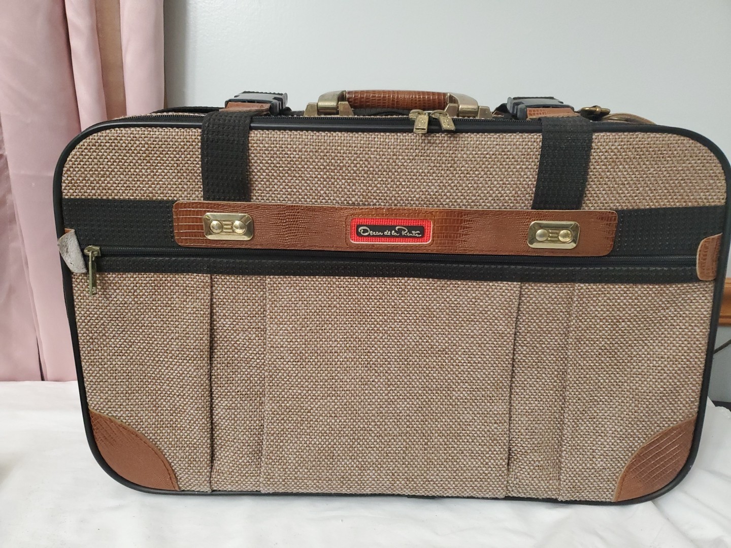 Vintage Oscar de la Renta Leather Nylon Travel Suitcase 21x13x7