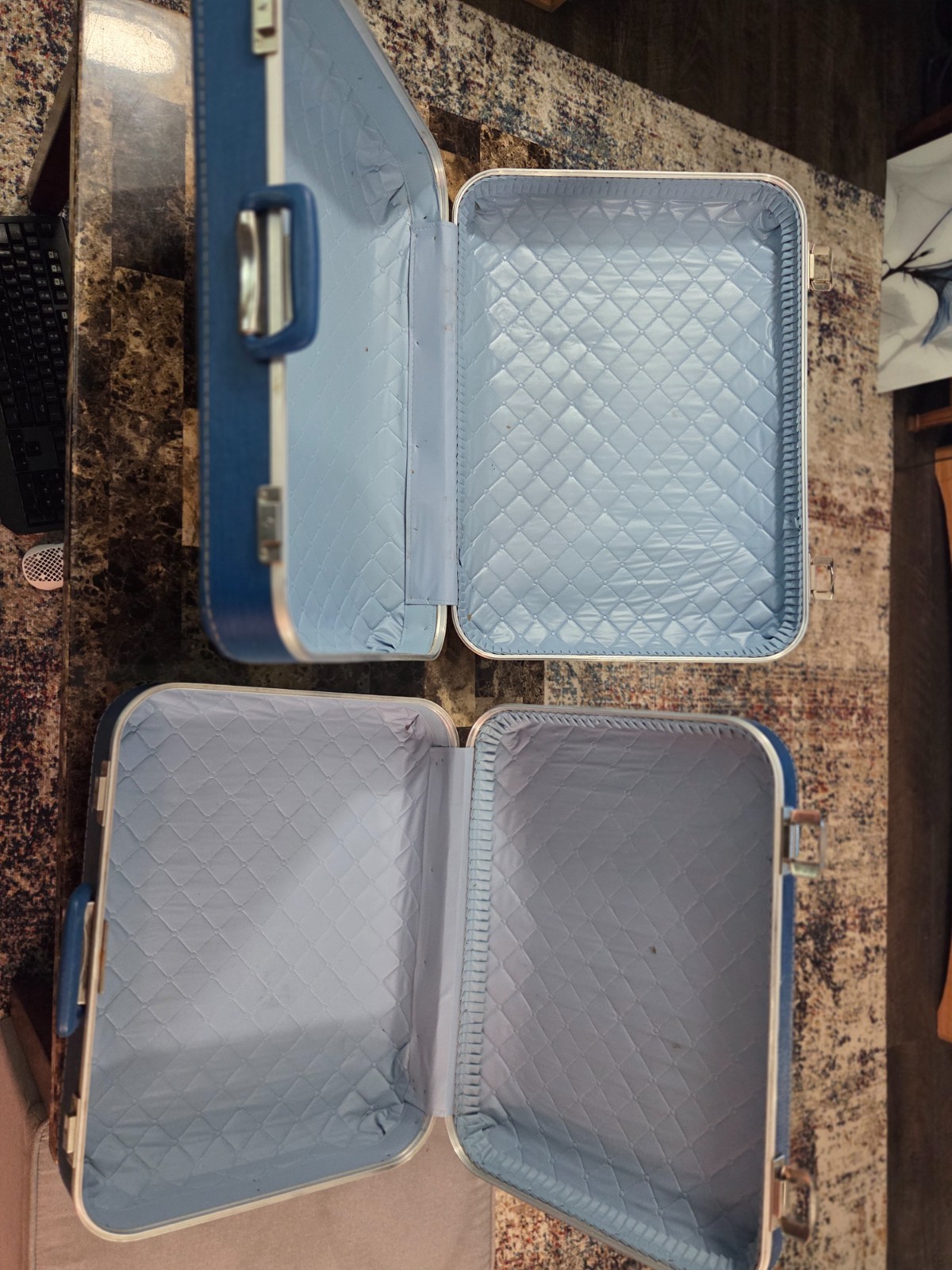 Vintage Blue Hard Shell Vinyl Suitcase Set Closing 1960s True Pair