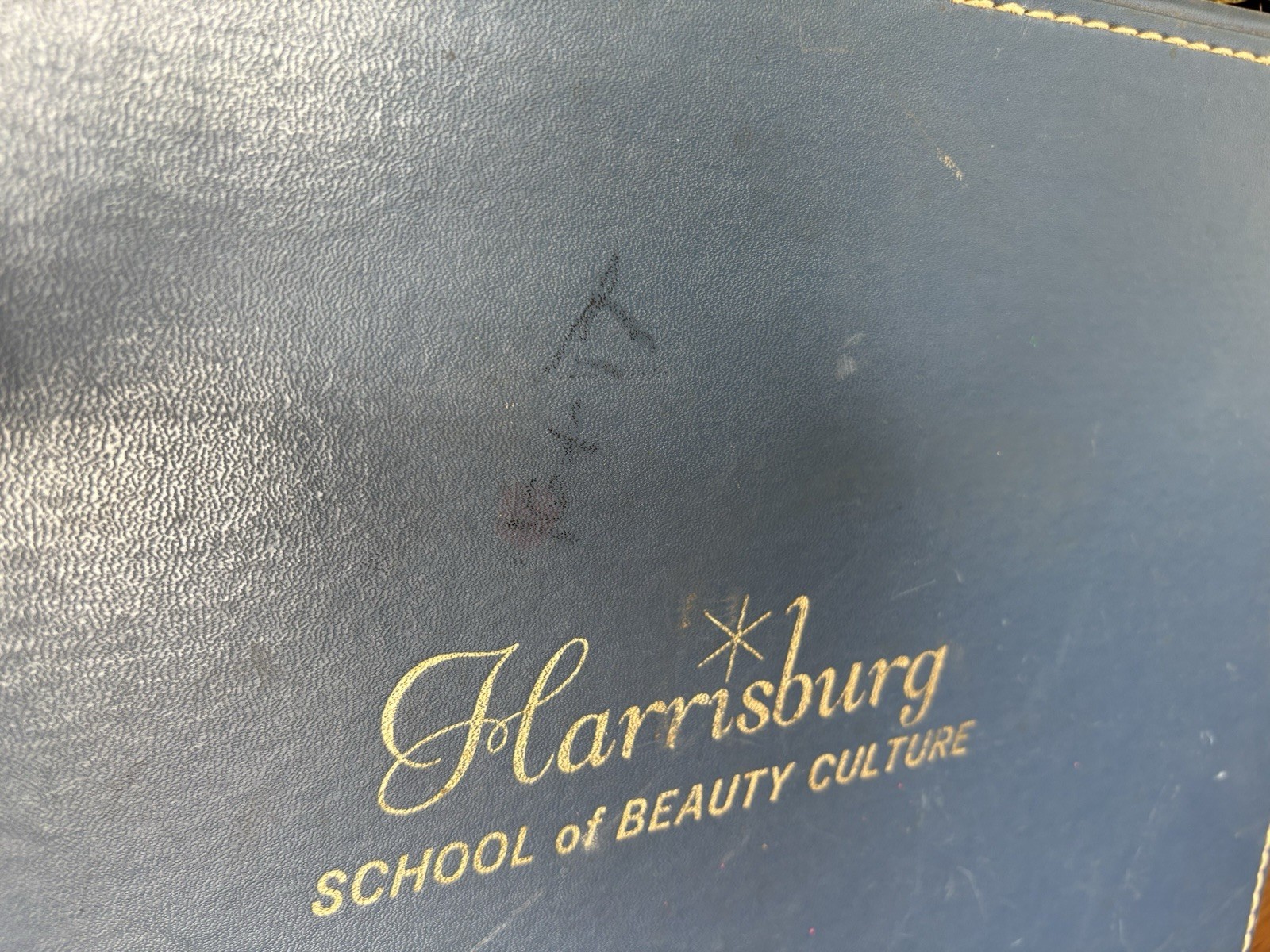 Vintage 1950s Harrisburg Beauty School Blue Hard Case Suitcase Polka Dot Lining