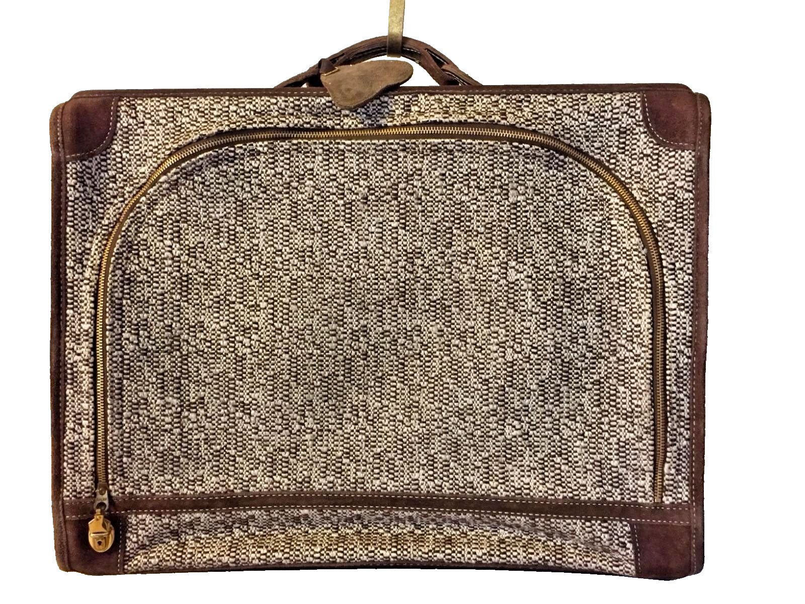 VINTAGE FRENCH LUGGAGE COMPANY BROWN & WHITE TWEED SUITCASE 23″ x 18”