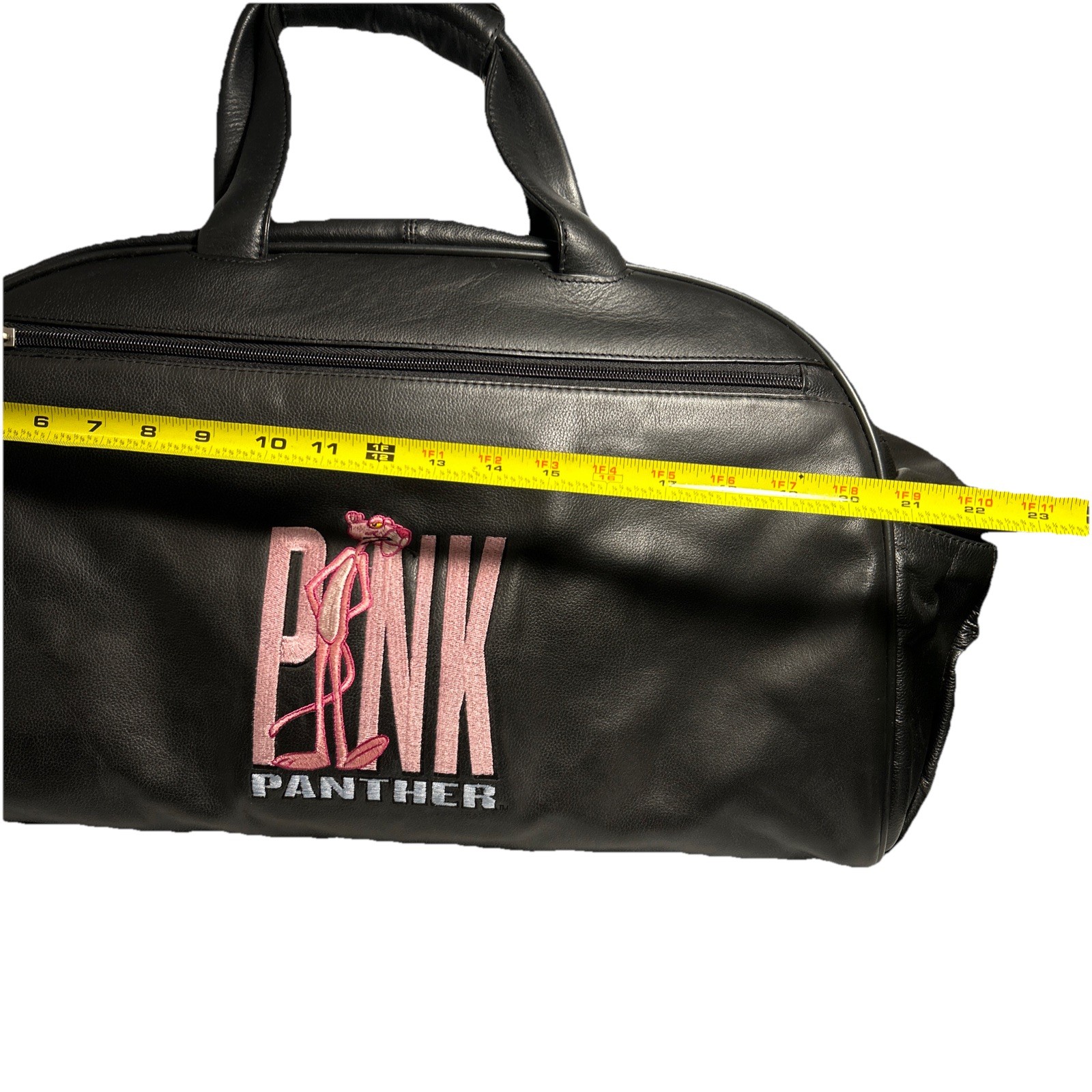 Vintage 1990’s Large Pink Panther Logo Black Leather Duffle Bag