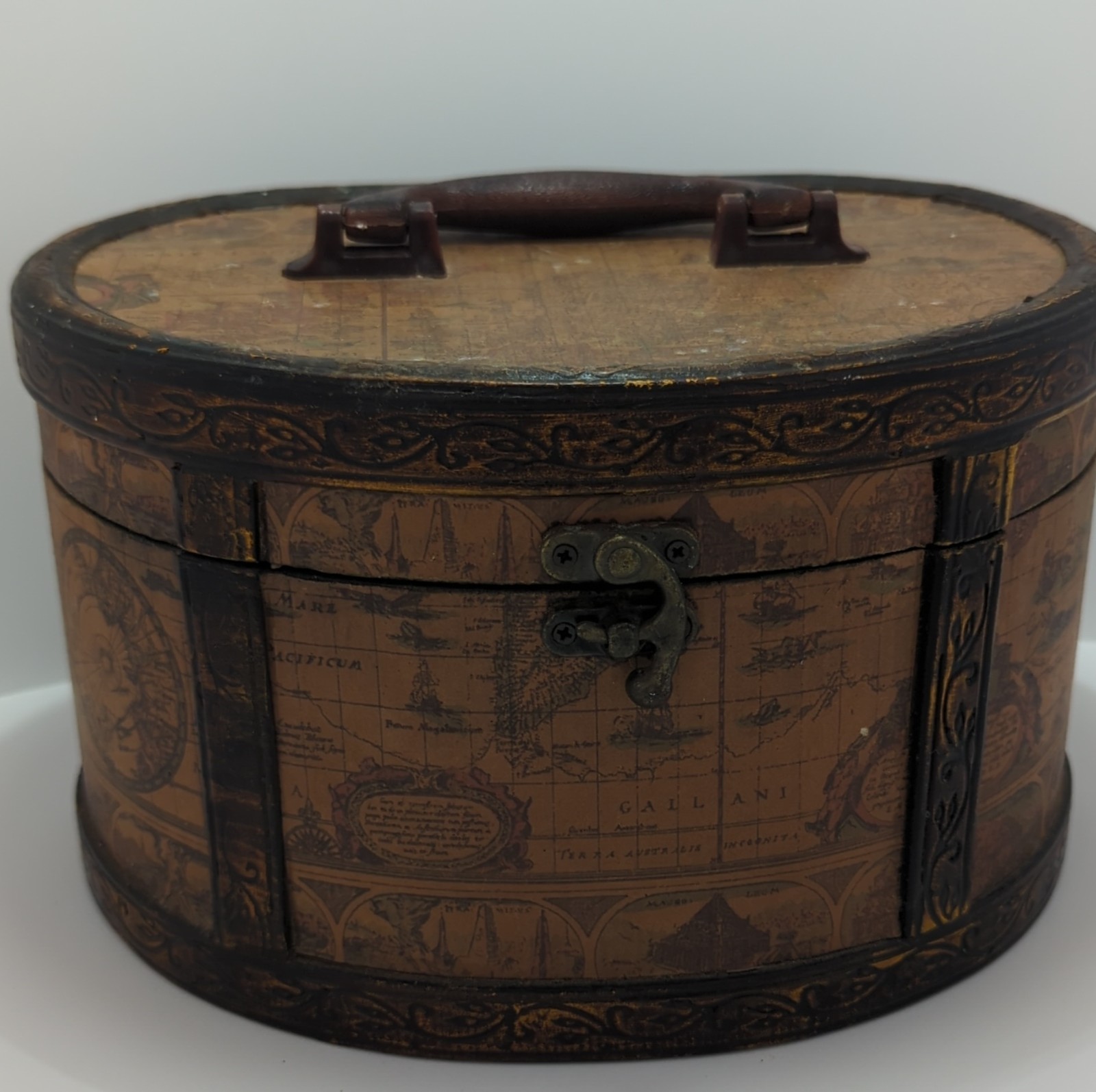 True Vintage Oval Wood Hard Vanity Trunk Map Print Handle Hinged Latch